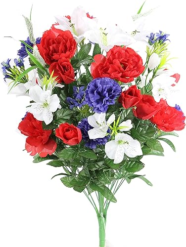 Arreglo de flores artificiales de 40 tallos para decoración del hogar, bodas y cementerios para tumba, color rojo, blanco y azul