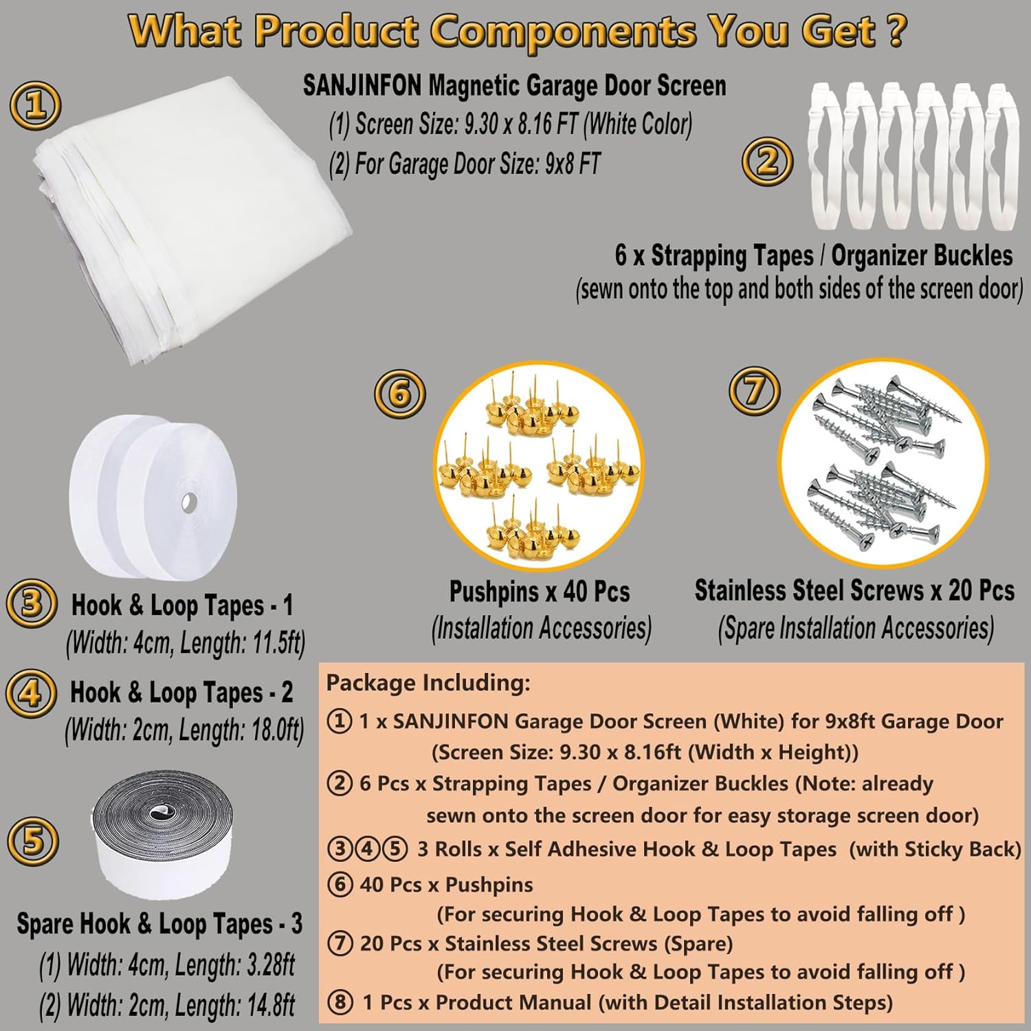 Garage Door Screen for 1 Car Garage 9x8ft White, Magnetic Screen Door 9x8 FT Garage/Patio/Porch/Balcony with Retractable Fiberglass Mesh & Heavy Duty Weighted Bottom, Hands Free, Easy Assembly