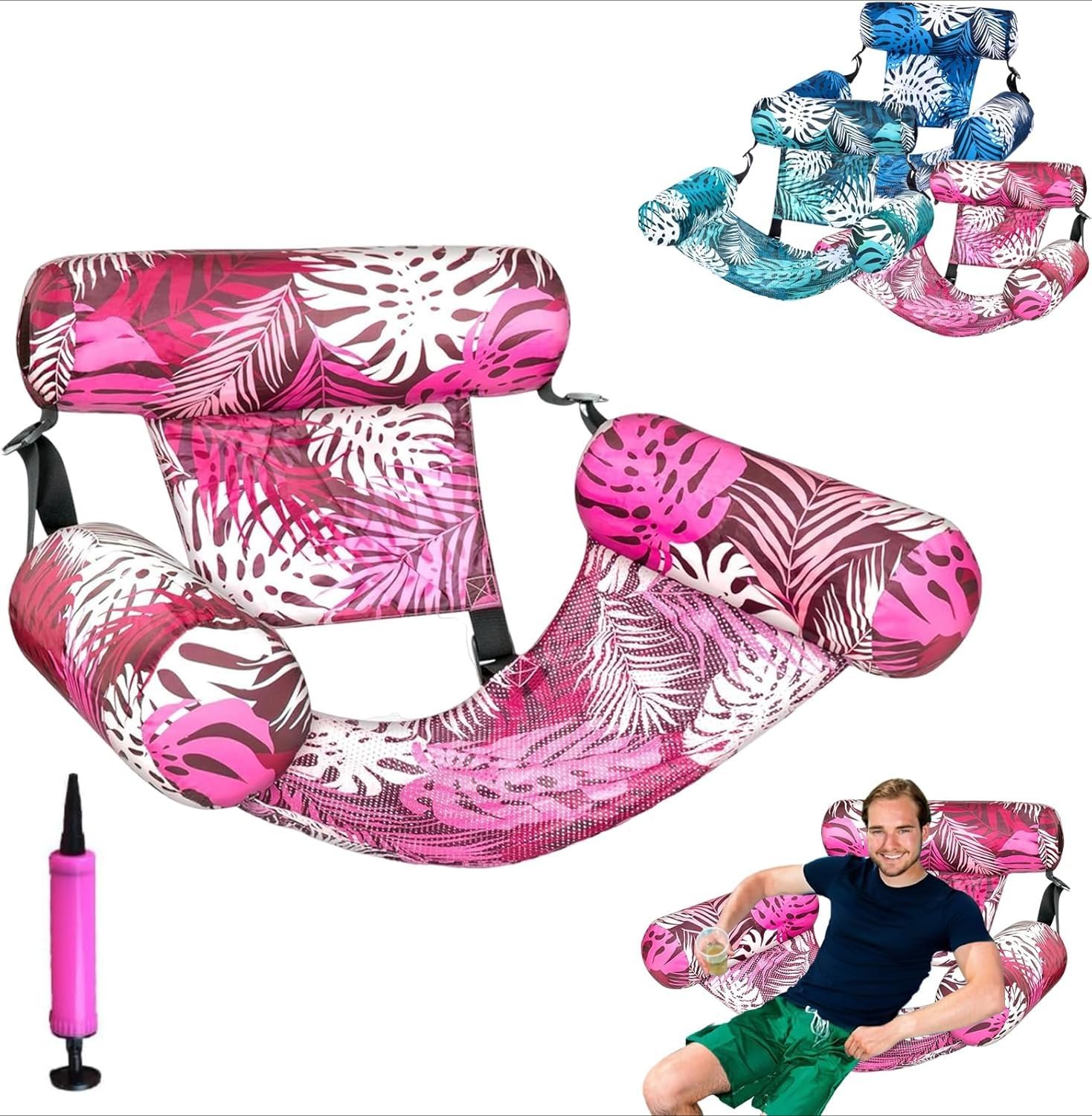 Pool Floats Chairs Adult,Inflatable Pool Lounge,Plant Pattern Floating Mat Hammock Includes PumpBlow up Water Chairs Noodles rafts for Party Summer Water Beach Fun (Pink)