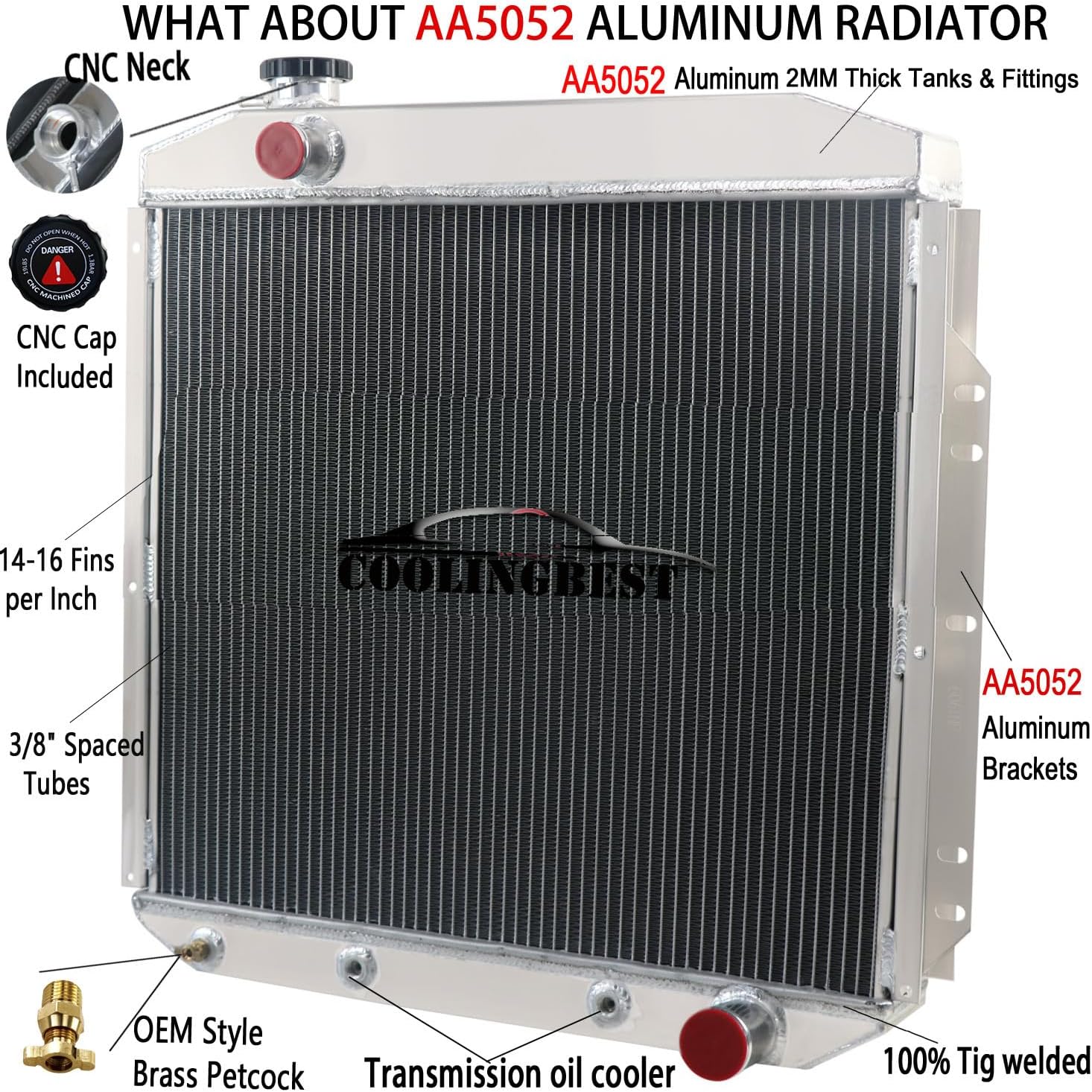 Aluminum Radiator for 1953-1956 1954 1955 Ford F100 F250 F350 Pickup Truck V8 3.5 3 Row Radiators with Electric Fan Shroud Thermostat Kit