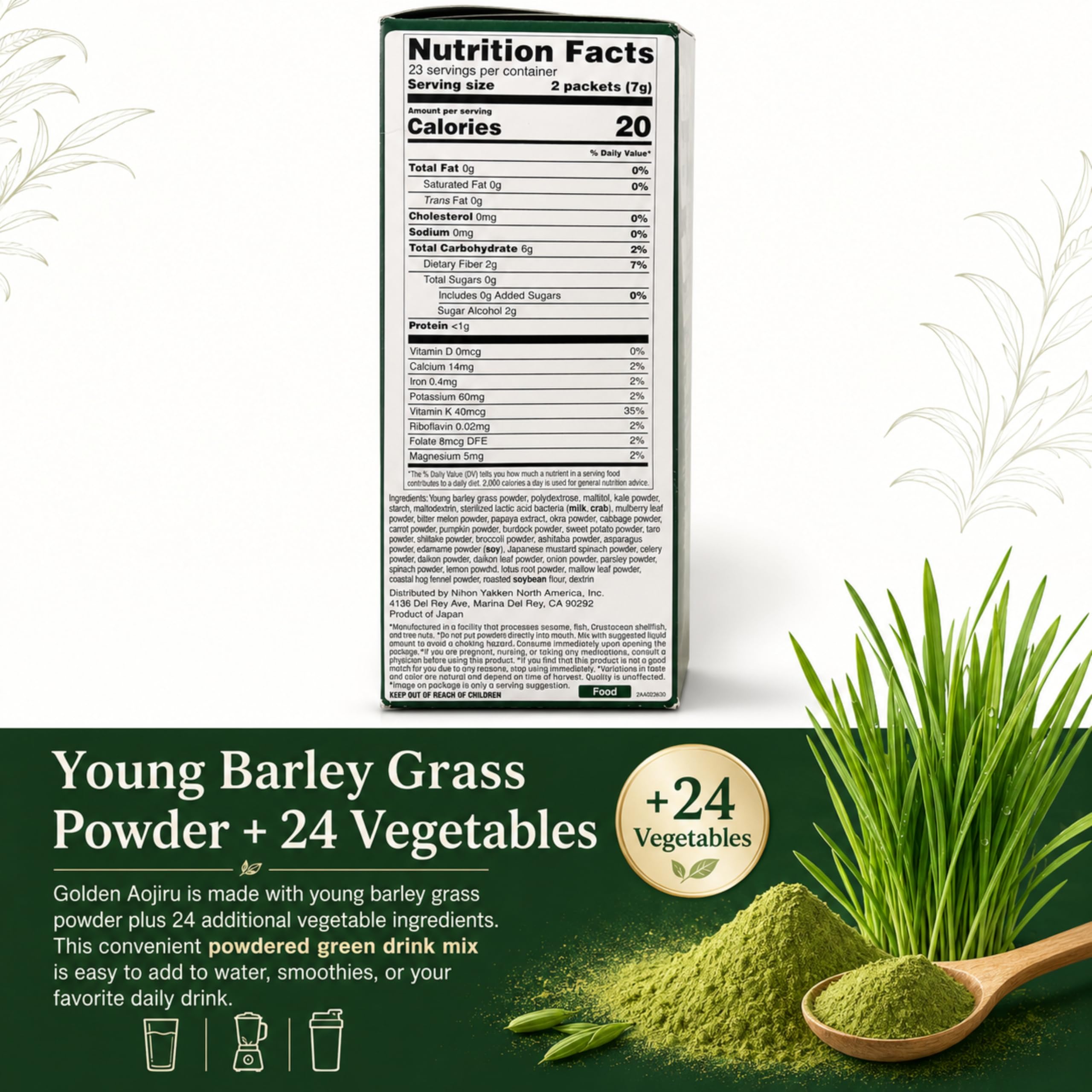 Golden Aojiru Veggie Blend - Greens Powder with 25 Superfood Vegetables, Gluten-Free, Low Calorie, No Sugar, 46 Packets - Made in Japan