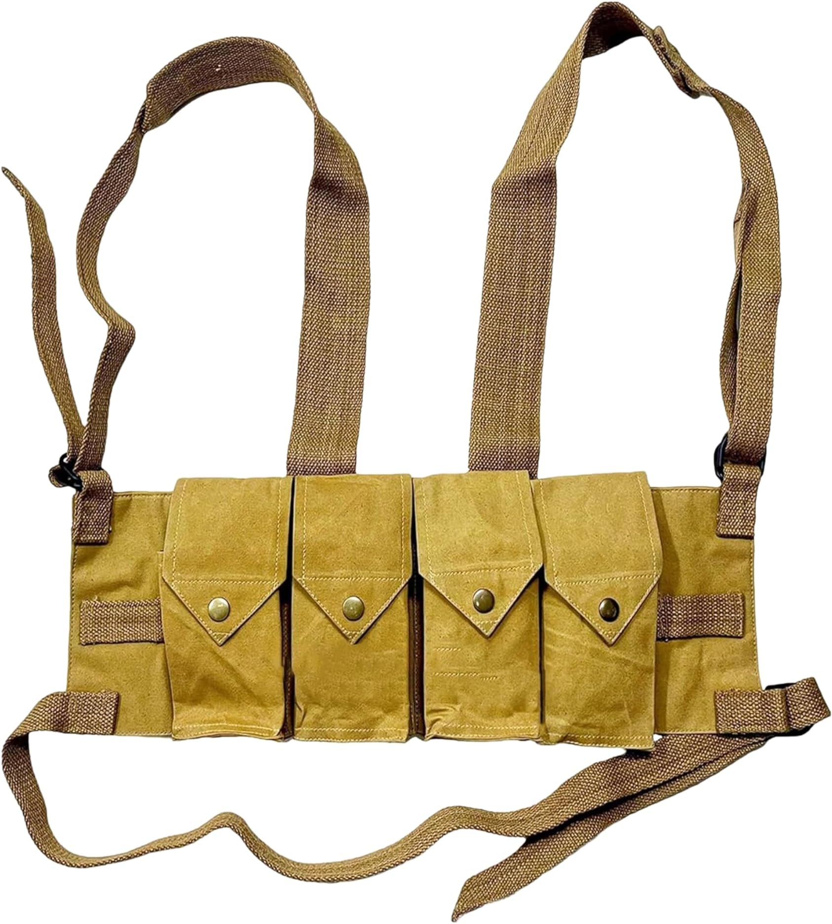 Rhodesian Fereday & Sons Style Chest Rig for FAL G3 M14 Magazines, Rhodesian Bush War Era Tactical Gear Khakhi, 4-Pouch Canvas Vest for 20rd .308 7.62x51mm Mags, Military Surplus Repro