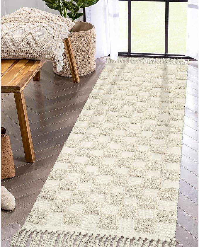 Lahome Checkered Boho Hallway Runner, 2x6 Kitchen Bathroom Rug, Washable with Tassels, Farmhouse Cotton Long Bath Rug, Non-Shedding Floor Carpet for Bedroom, Beige