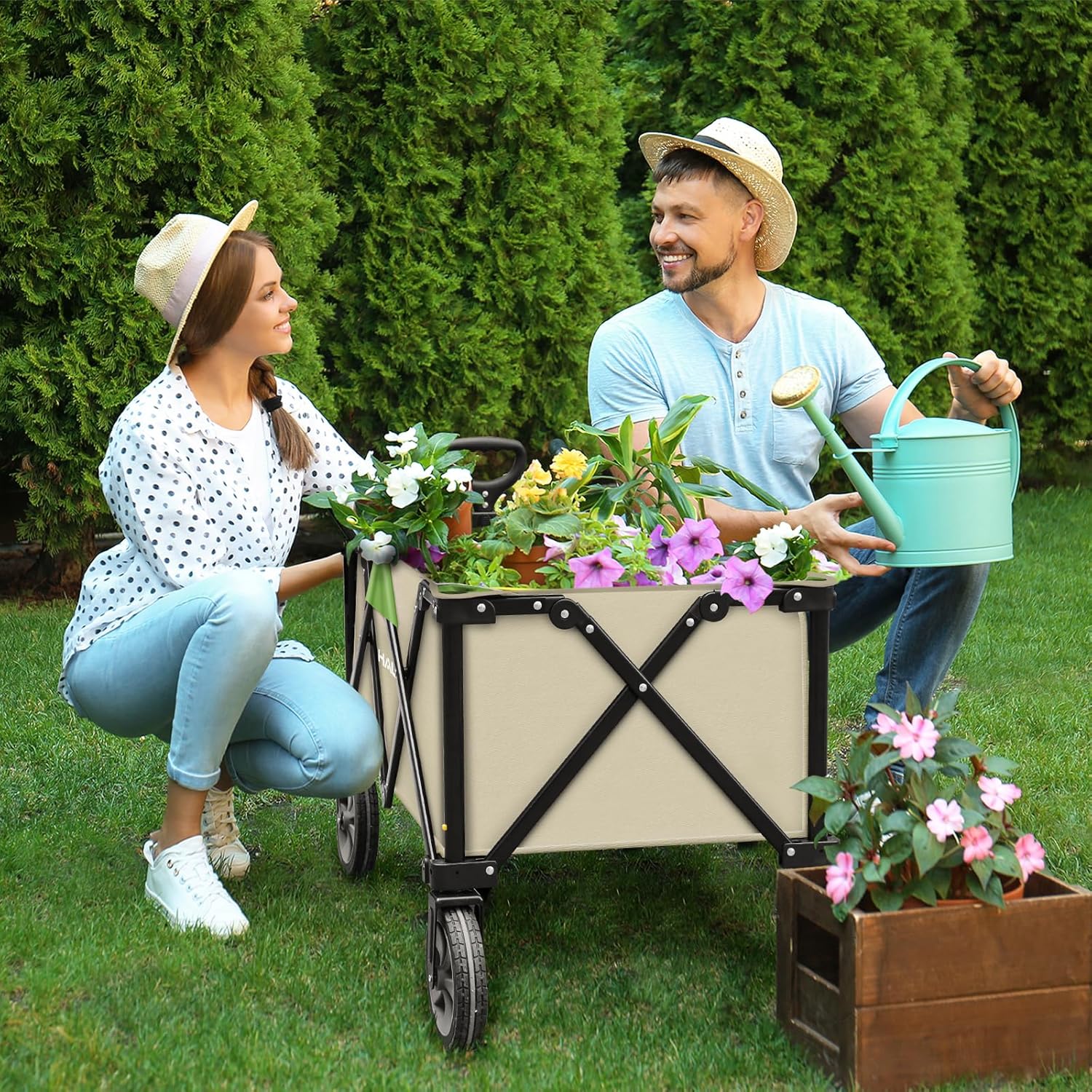 HAUSHOF Heavy Duty Collapsible Wagon, Folding Outdoor Utility Wagon, Camping Garden Beach Cart with Universal Quick Release Wheels, Adjustable Handle, 2 Cup Holders, 176 lbs Load Capacity, Green