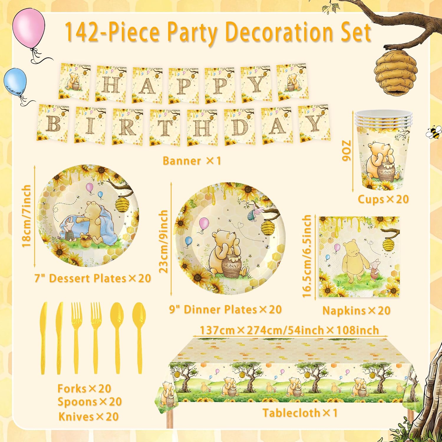 142 Pcs Bear Baby Shower Decorations Baby Shower Party Tableware with Plates, Napkins, Forks, Cups Serves 20 (Yellow)