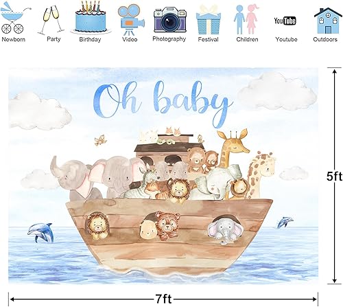 Miniatura 3 de Telón de fondo para baby shower, 7 pulgadas de ancho x 5 pies de alto, lindos animales del bosque de dibujos animados, océano azul, elefante