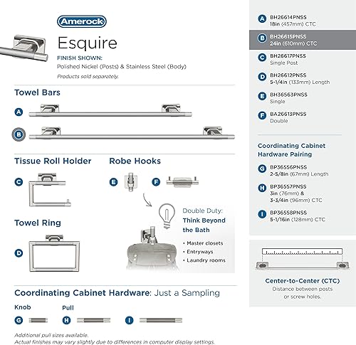 Vista 222 de Amerock BH26615PNBBZ Toallero de níquel pulido/champán dorado Toallero de 24 pulgadas (24.016 in) Esquire Toallero de baño Accesorios