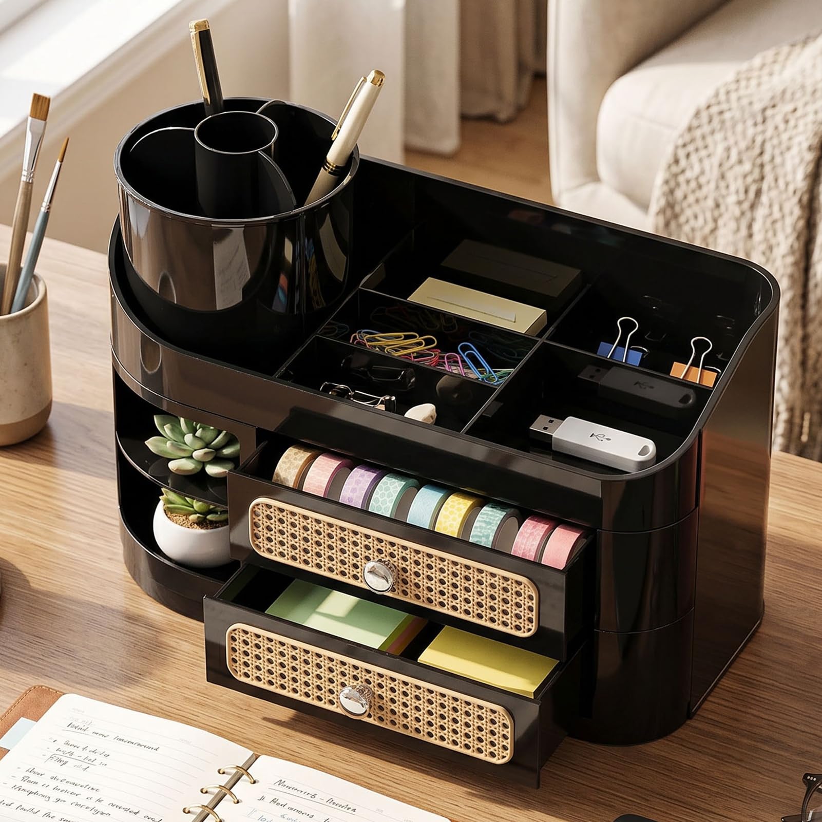Asixxsix Organizer per Trucco da Scrivania in Rattan, con 2 Cassetti e Scomparti Multistrato per Cosmetici Cura della Pelle Vanity Bagno Controsoffitto Home Office (BLACK)