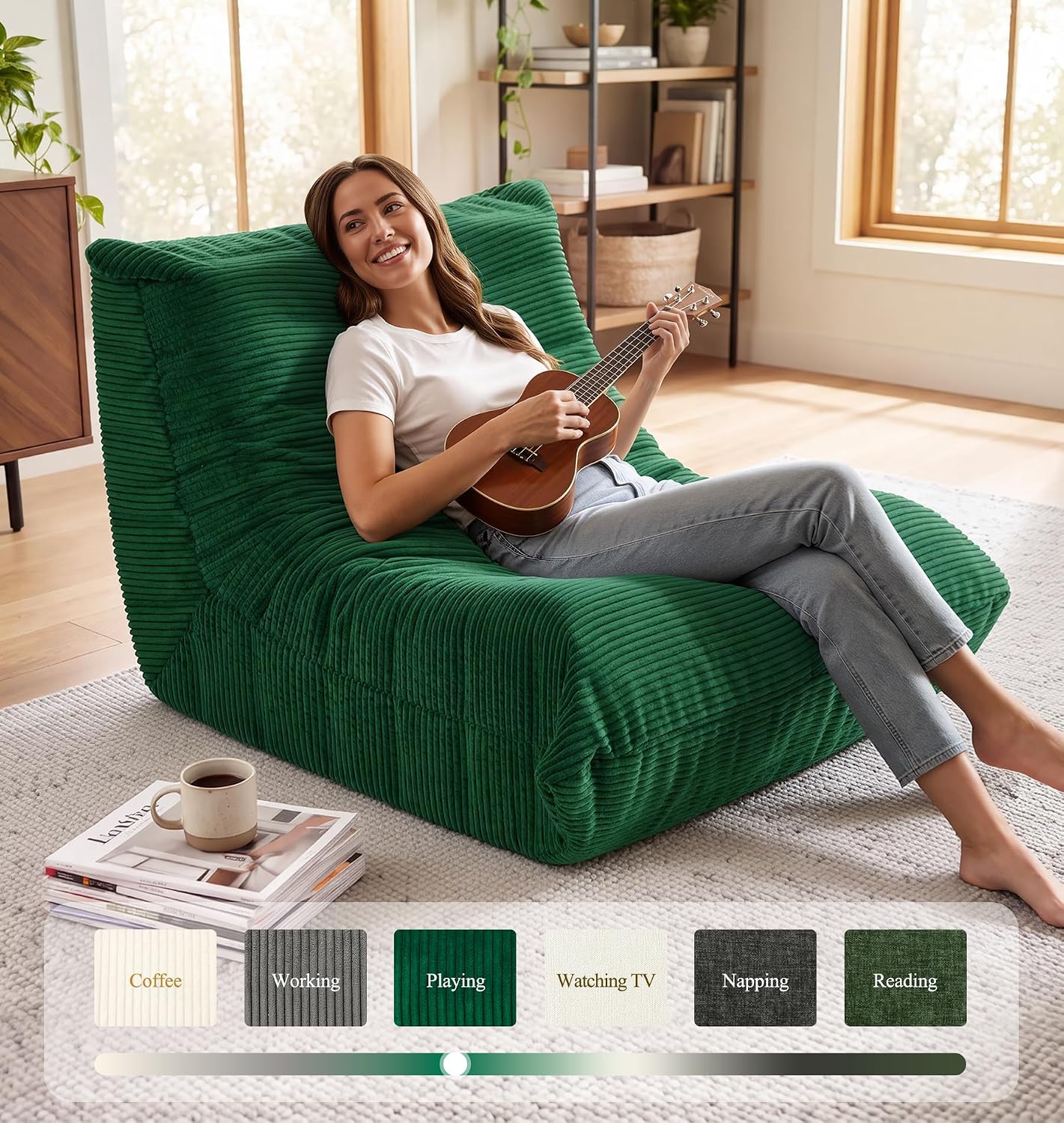 fond + found Adults Bean Bag Chair, Green Corduroy Floor Couch for Bedroom