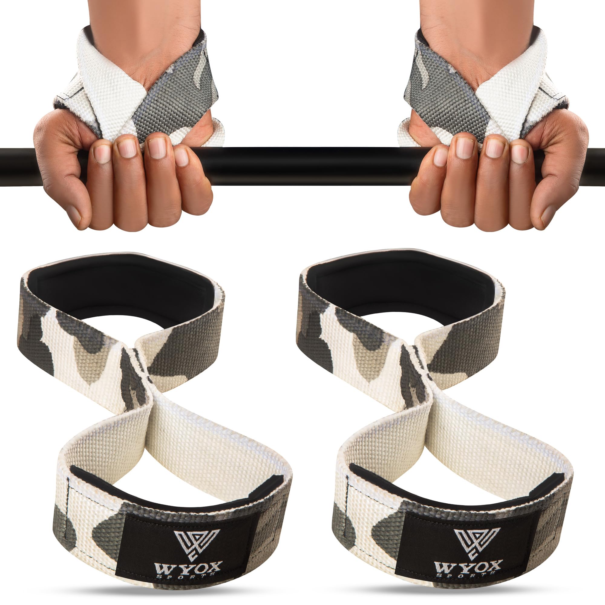 WYOX Figure 8 Weight Lifting Straps for Weightlifting Heavy Duty Deadlifting Workout Straps | Wrist Wraps Gym Equipment Gear Men Women PAIR (Camo)