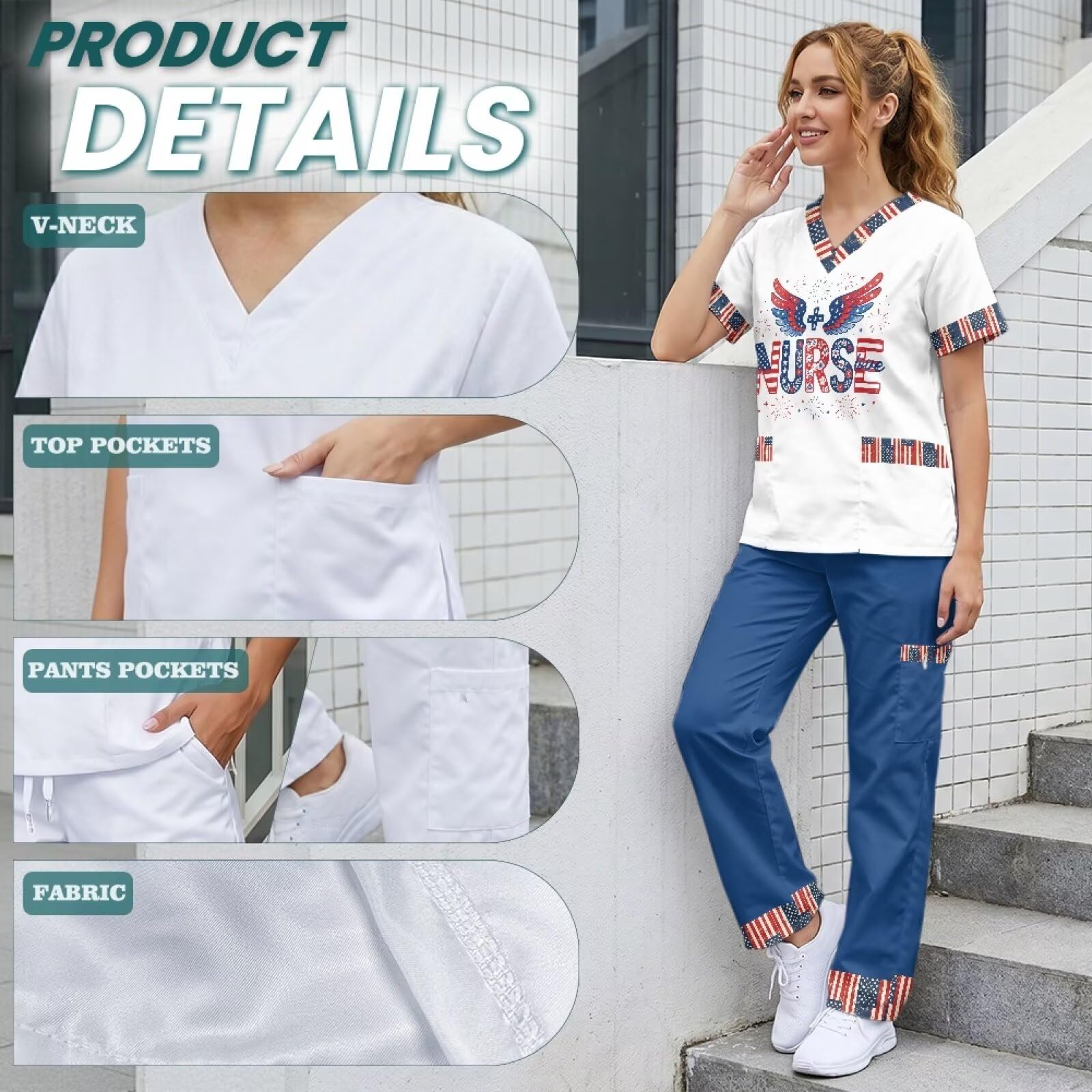 Set di scrub da donna con bandiera americana, vestibilità aderente, facile da pulire, scrub medico per donne, veterinari, tecnici e personale pediatrico