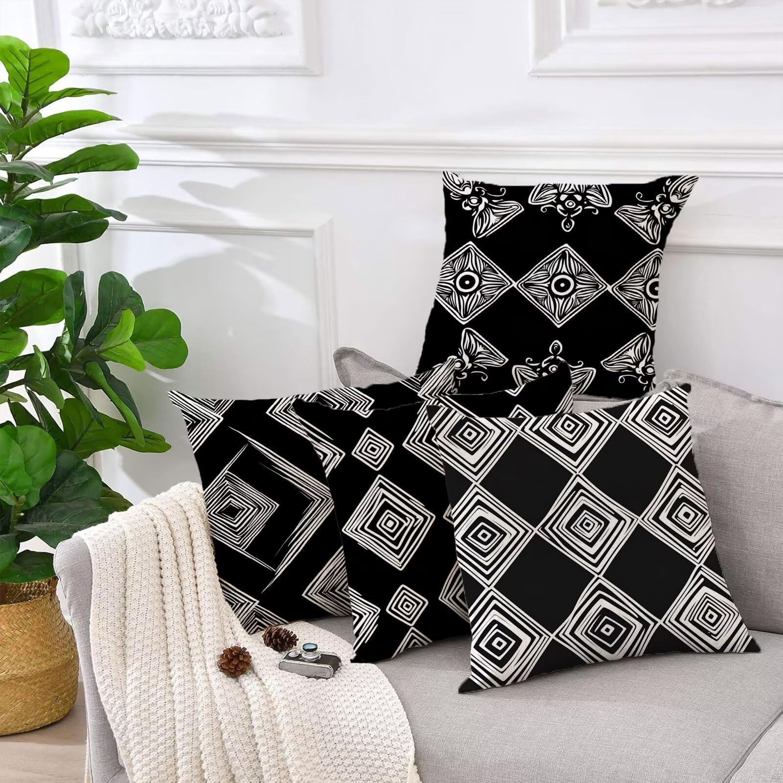 Cojines de terciopelo impermeable para exteriores, 50 x 50 cm, fundas de almohada geométricas en blanco y negro, paquete de 4 unidades decorativas para muebles de jardín y sofá de interior