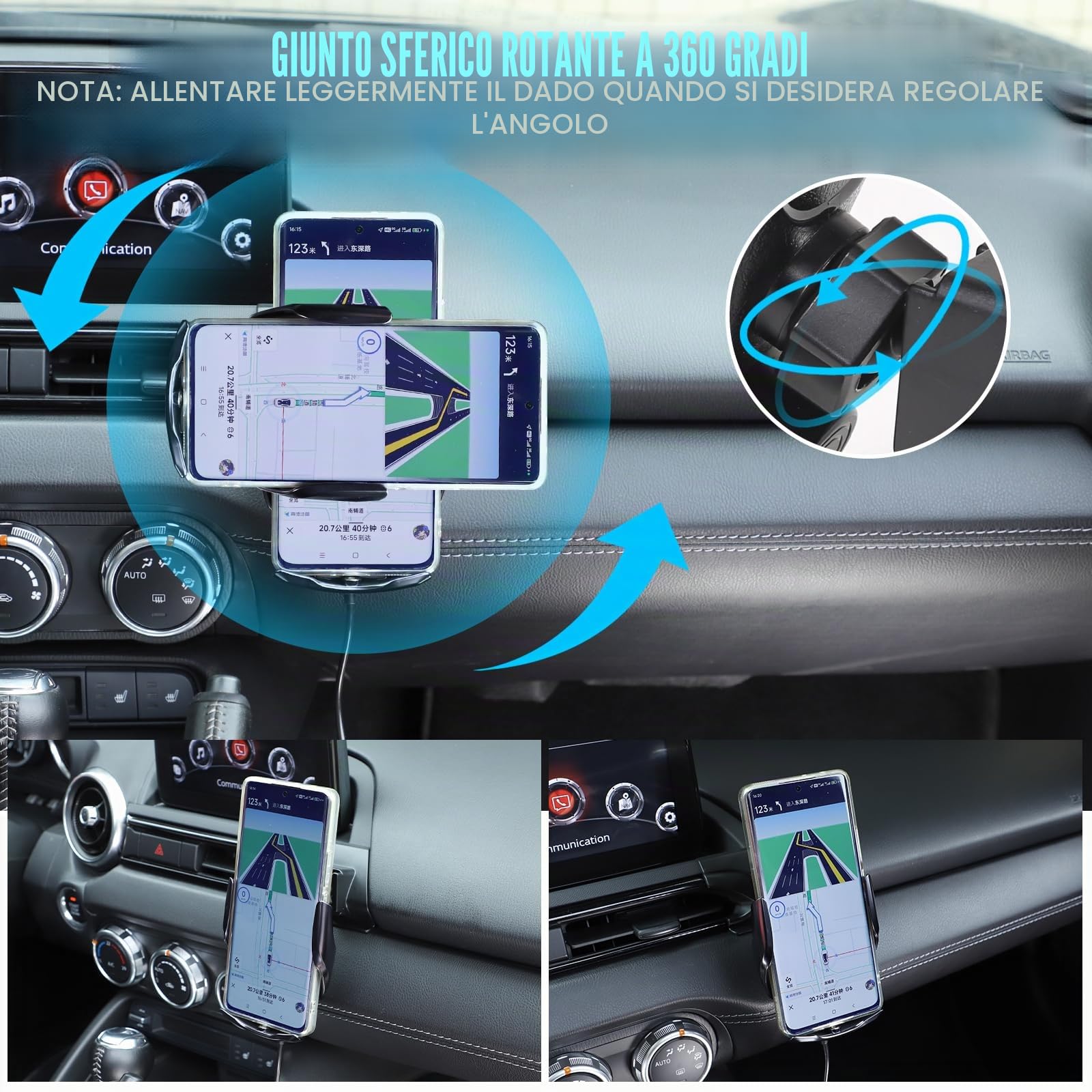 Supporto per telefono da auto per Mazda MX-5 ND 2016-2024 al centro della bocchetta dell'aria sul lato destro, ruotabile, fisso, per auto, adatto per iPhone, Android e smartphone universale (ricarica
