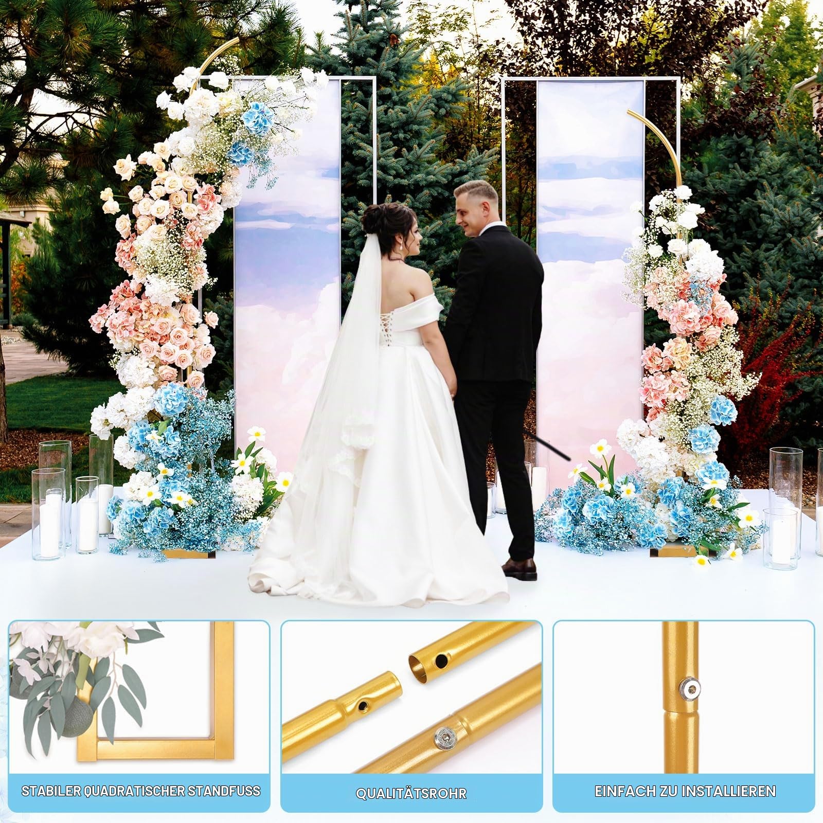 PlusFive Hochzeitsbogen Set(1,9 m & 2,3 m) Gold Traubogen Hochzeitsbogen Gestell Ballonbogen Gewölbter Hintergrundrahmen Wedding Arch für Hochzeit Zeremonie, Geburtstag, Babyparty Dekoration