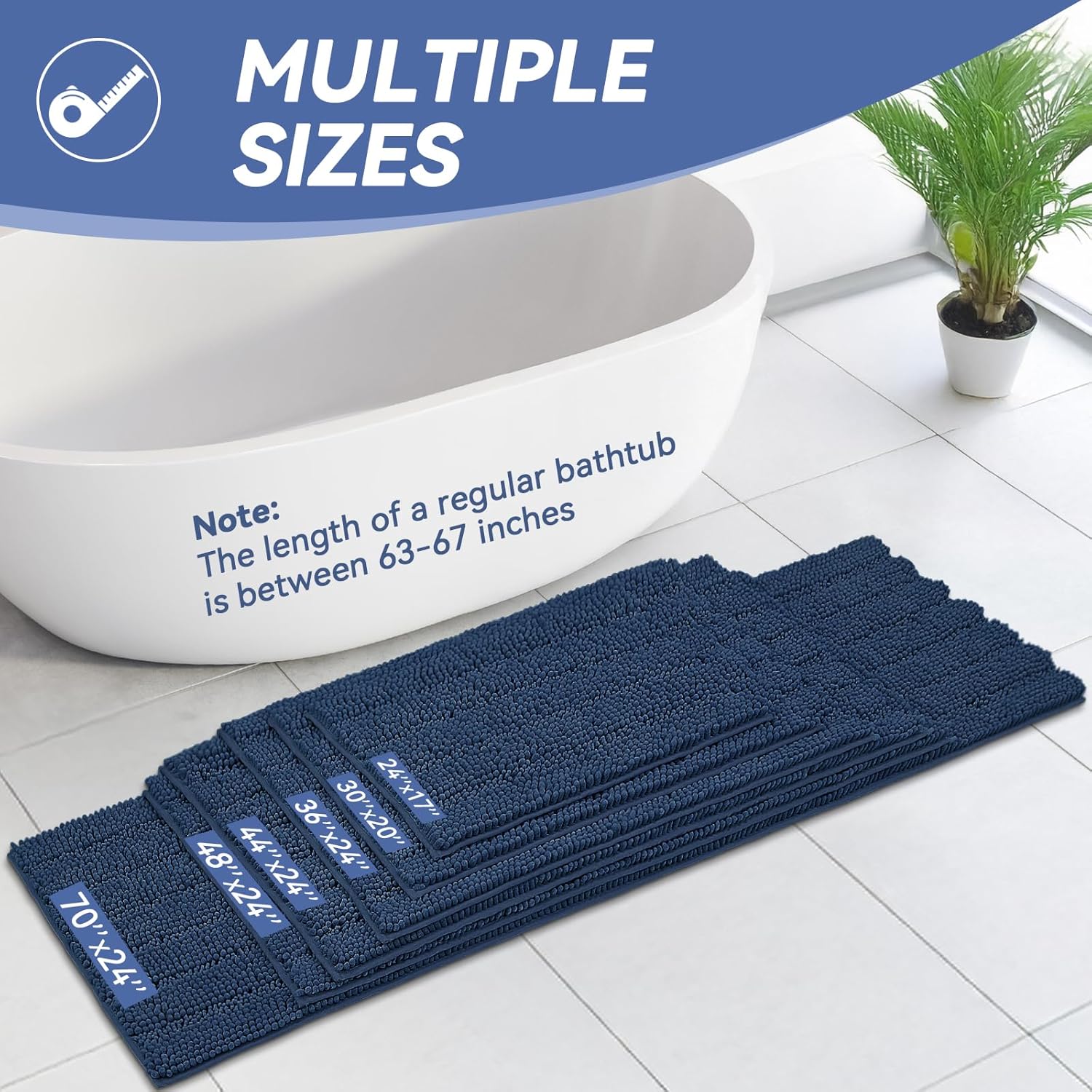 Bcoimo 30"×20" Chenille Bath Mat – Non-Slip with Backing Bath Rug Ultra-Absorbent and Machine Washable Bathroom Mat Quick-Dry Design. Ideal for Bathroom and Tub Areas