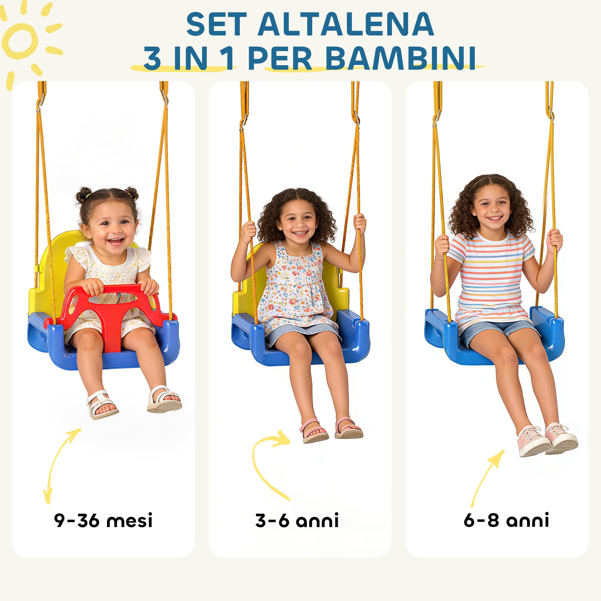 AIYAPLAY 3 in 1 Altalena da Giardino per Bambini, Altalena per Neonato da Interno e Esterno, Altezza Regolabile, Supporti in Acciaio Pieghevoli, Cintura Sicurezza, Facile Montare, 9 Mesi-8 Anni, Blu - 3