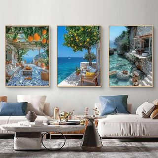 TROYSINC 3er Mediterrane Landschaft Poster Set, Aesthetic Buchtlandschaft Bilder, Weiße Steinhäuser und Blaue Meer Wandbilder Wanddeko für Wohnzimmer & Schlafzimmer, ohne Rahmen (B,30x40cm)