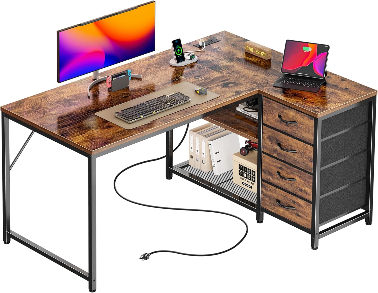 PRAISUN 43.3" Small Computer Desk with Power Outlets and USB-C Port, Reversible L Shaped Corner Office Desk with 4 Fabric Drawers and 2 Height-Adjustable Shelves, for Gaming Writing, Rustic Brown 43.3 inch Rustic Brown