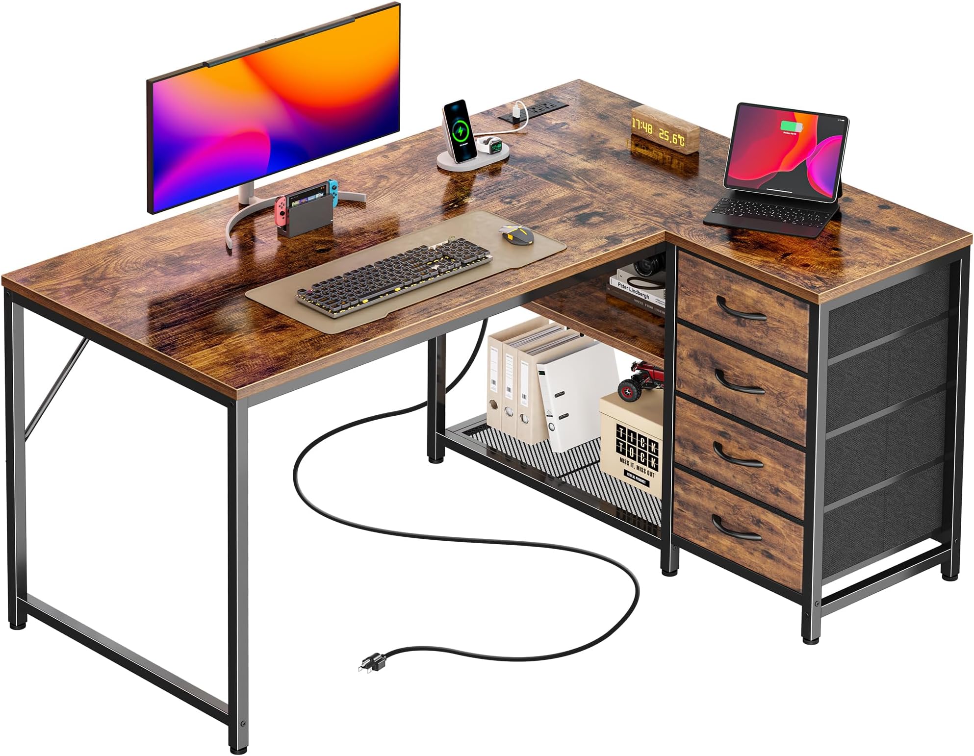 PRAISUN 43.3" Small Computer Desk with Power Outlets and USB-C Port, Reversible L Shaped Corner Office Desk with 4 Fabric Drawers and 2 Height-Adjustable Shelves, for Gaming Writing, Rustic Brown