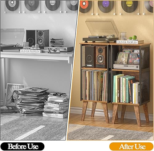 Miniatura 5 de Soporte para tocadiscos con almacenamiento, soporte de vinilo para almacenar hasta 100 álbumes, mesa de tocadiscos con divisor ajustable, soporte de