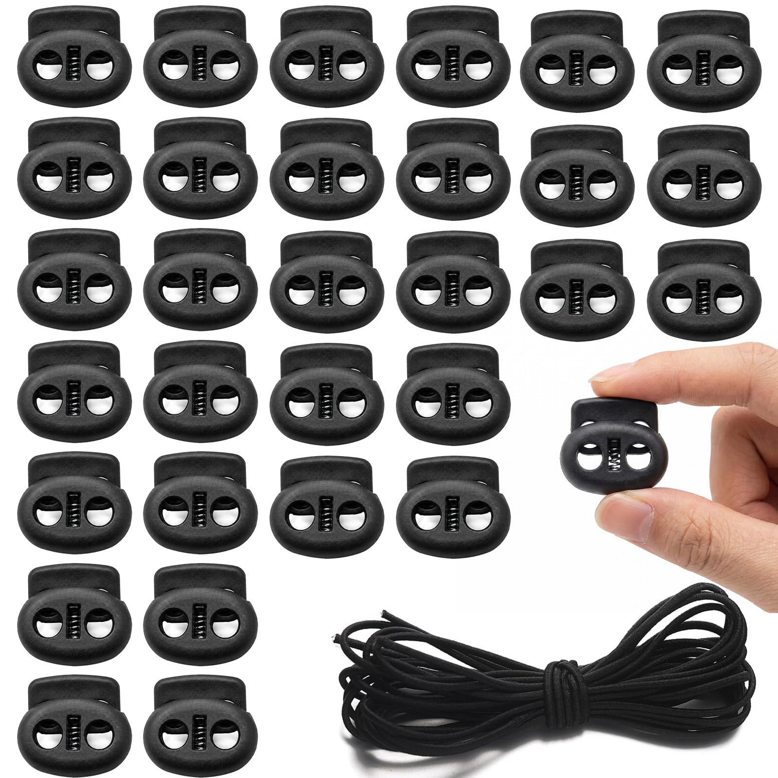 30 Pack Drawstring Toggles with 5m Black Elastic Cord Heavy Duty Black Cord Locks 5mm Double Hole Spring Locks for Drawstrings Durable Drawcord Fasteners for Hoodies Backpacks Shoelaces Outdoor Gear