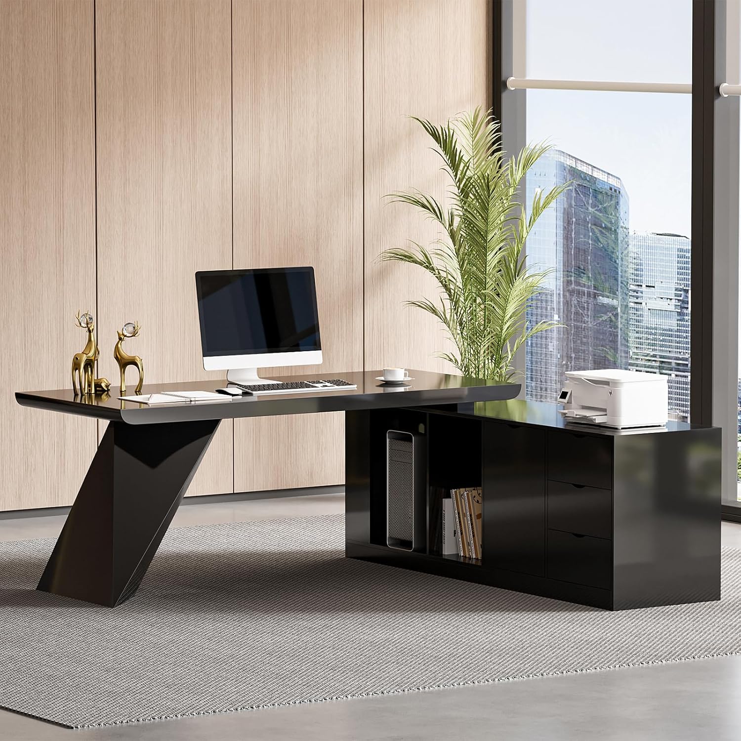 homary 70 9 Modern L-Shape Executive Desk Home Office Desk with Drawers Cabinet Modern Computer Desk for Home