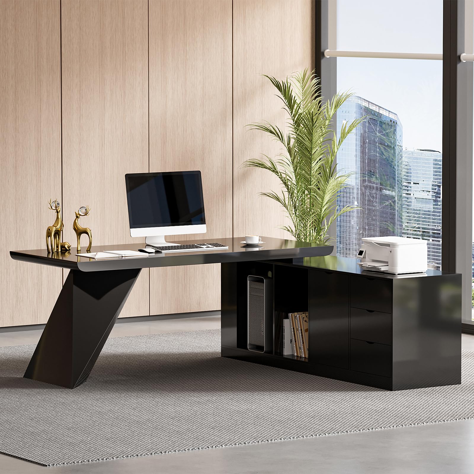 homary 70 9 Modern L-Shape Executive Desk Home Office Desk with Drawers Cabinet Modern Computer Desk for Home
