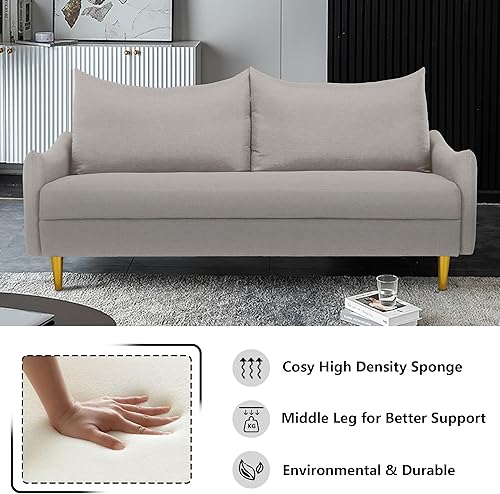 Miniatura 5 de Sofá biplaza de lino moderno de 67 pulgadas, sofá biplaza tapizado de mediados de siglo con 2 almohadas y 4 patas doradas, sofás de 2 plazas para