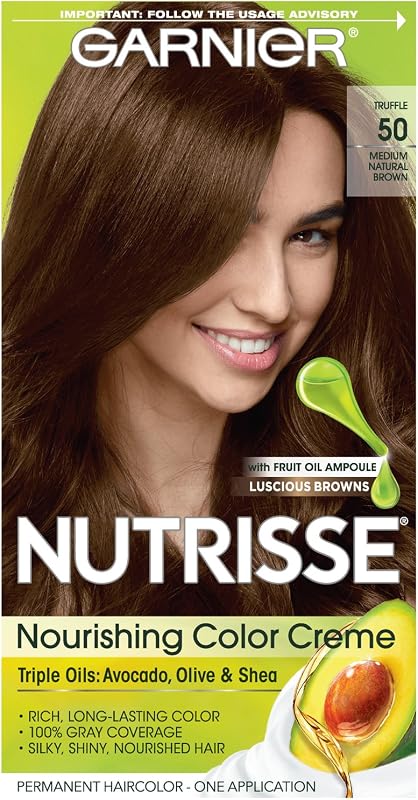 Garnier Nutrisse Nourishing Hair Color Creme, 50 Medium Natural Brown (Truffle) (Packaging May Vary)