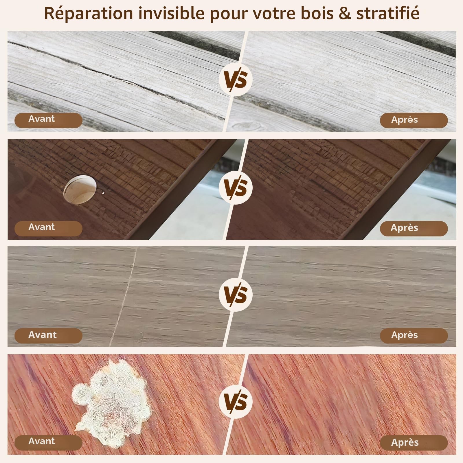 Kit de réparation pour stratifié - Kit de réparation pour parquet avec 11 couleurs de cire dure, solution simple pour réparer les rayures, les trous, l'usure sur le bois, kit de réparation en vinyle