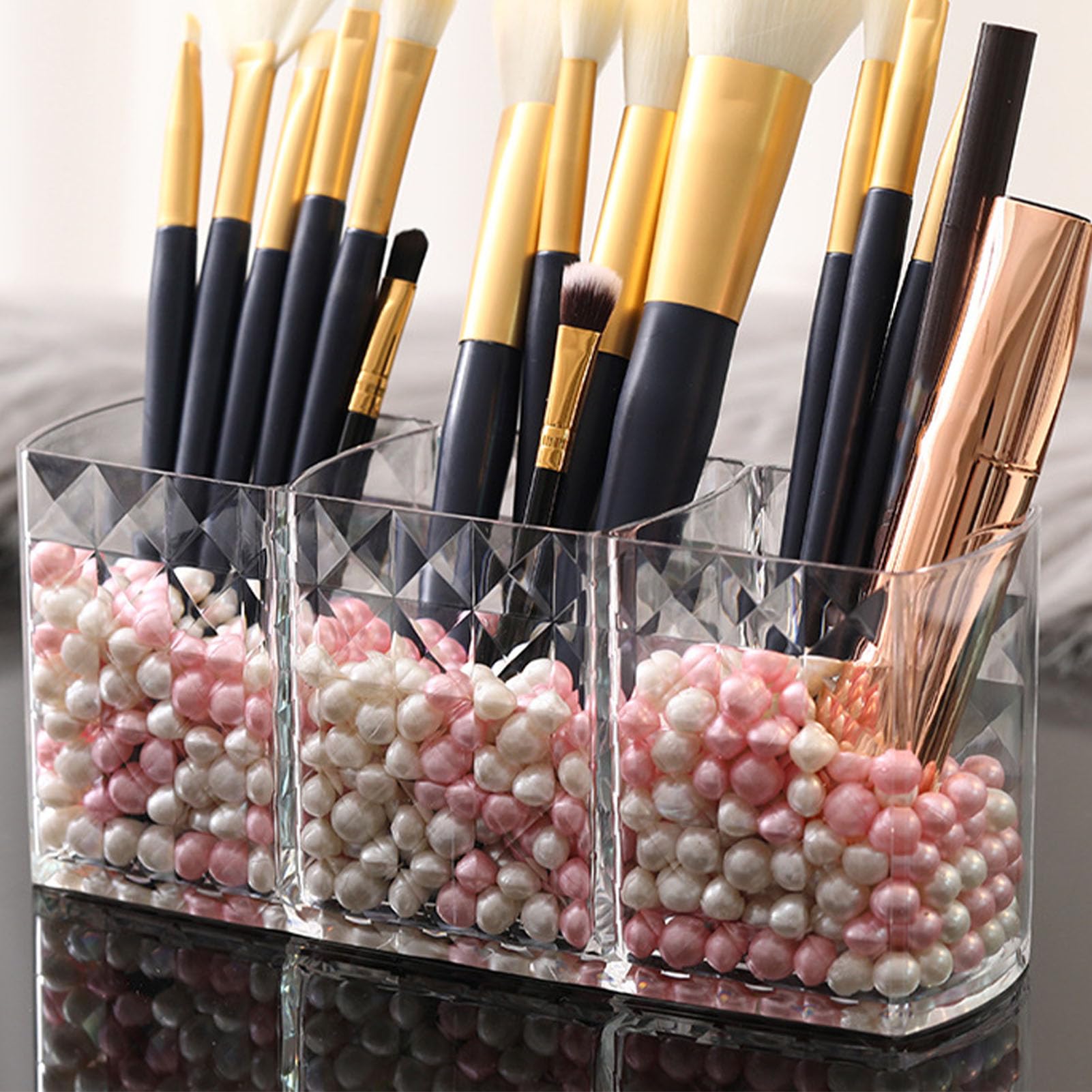 Organisateur Maquillage 3 Compartiments Acrylique Transparent - Porte-Pinceaux Avec Motif Diamant