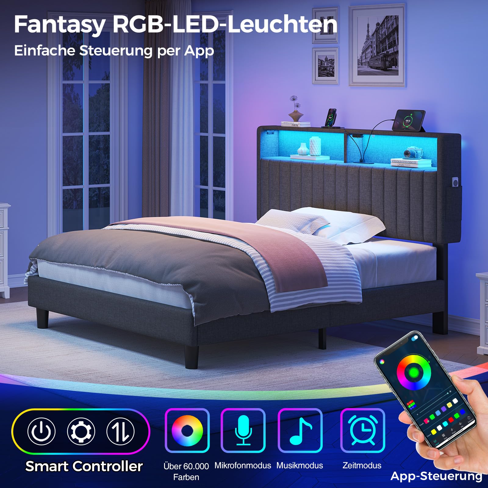 Seventable Bett 90x200 mit Ladestation, Metallbett mit Gepolstertem Kopfteil & LED, Bettgestell mit Zweischichtige Ablage, perfekt für Kinderzimmer, Jugendzimmer (grau)