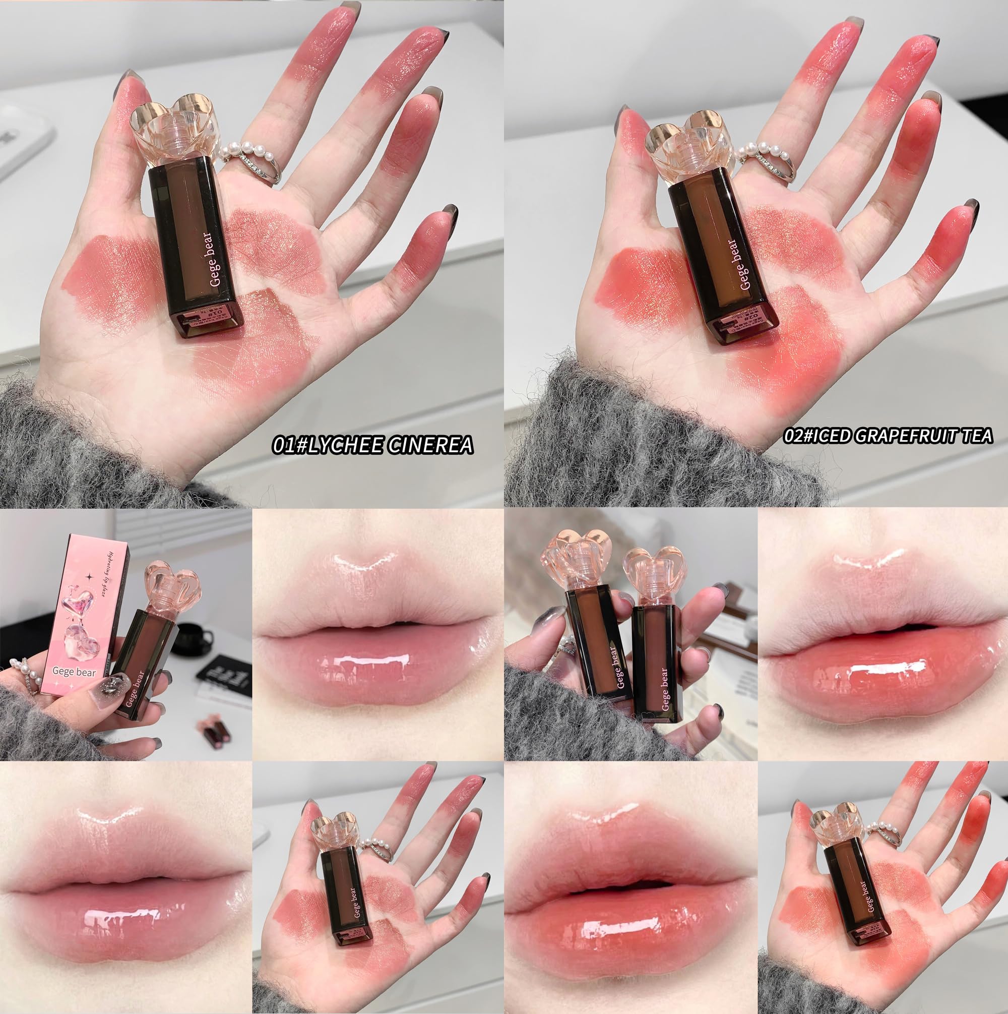 Gege Bear Sweetheart Lip Glaze | 6 Glossy Lip Colors with Heart-Shaped Cap | Korean Style Translucent Lip Gloss for Women | Lightweight Lip Tint with Moisturizing Formula | Lipstick Combo for Girls | Non-Sticky Glossy Finish (02#RED GRAPEFRUIT TEA (Red Grapefruit), 3g) 1