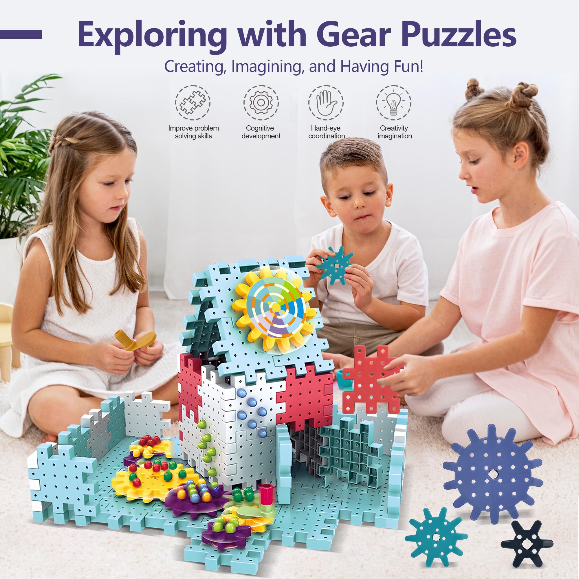 ROHSCE Gear Toys Interlocking Building Blocks, 150 Piece Educational Engineering Building Toys Set, Creative Construction STEM Kits for Boys Girls, Waffle Blocks for Kids Ages 3+