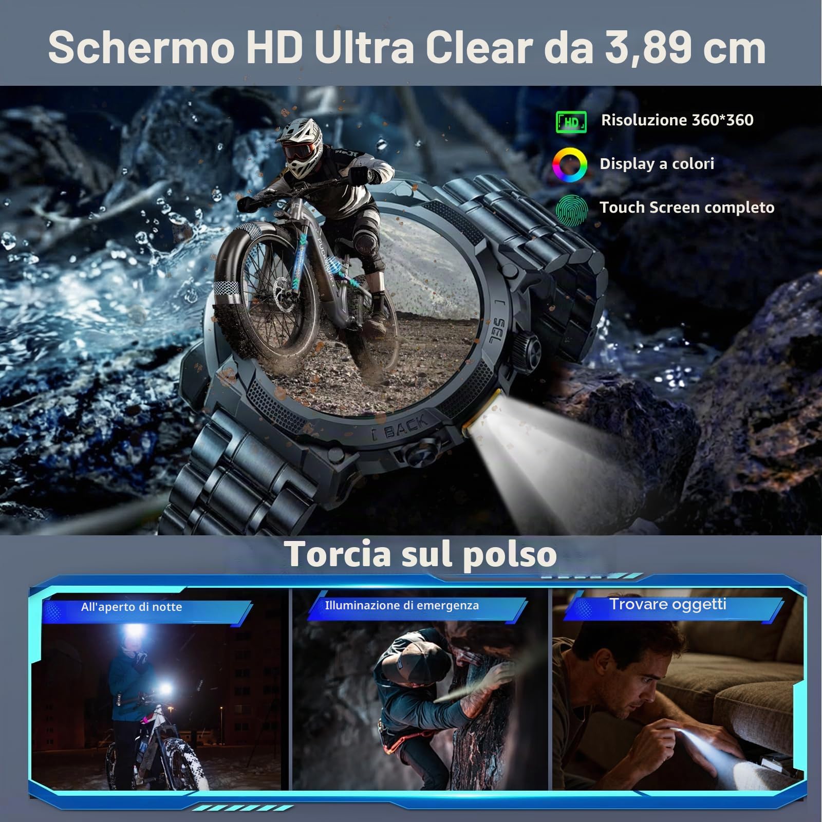 Smartwatch Uomo Militare, Orologio Smartwatch 1.53" con Chiamate Bluetooth, 100+ Modalità Sportive, Batteria 1000 mAh, Monitoraggio Sonno e Cardiofrequenzimetro, Torcia e Bussola per IOS/Android