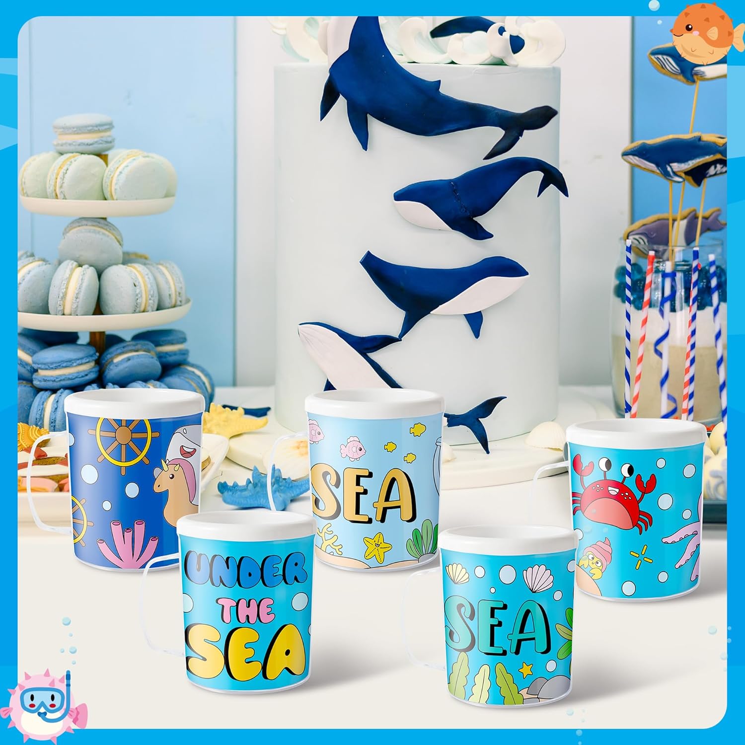 Ocean Animals Color Your Own Mugs for Kids - 12Pcs Under the sea Bulk 8oz Personalized Coffee Mugs with 36Pcs Insert Paper DIY Plastic Cups for Christmas Winter Party School Home Activities Supplies