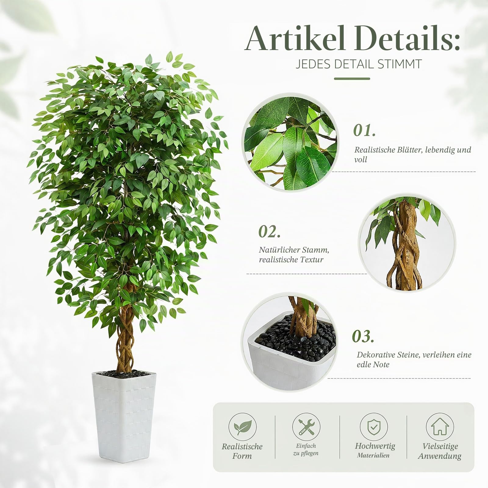 Kunstpflanze Ficusbaum 180cm, Künstliche Pflanzen Groß mit Weiß Hoher Topf | Fake Ficus Pflanzen mit 1242 Blättern, Plastik Pflanze für Zimmer Wohnzimmer Schlafzimmer Büro Balkon Garten Deko