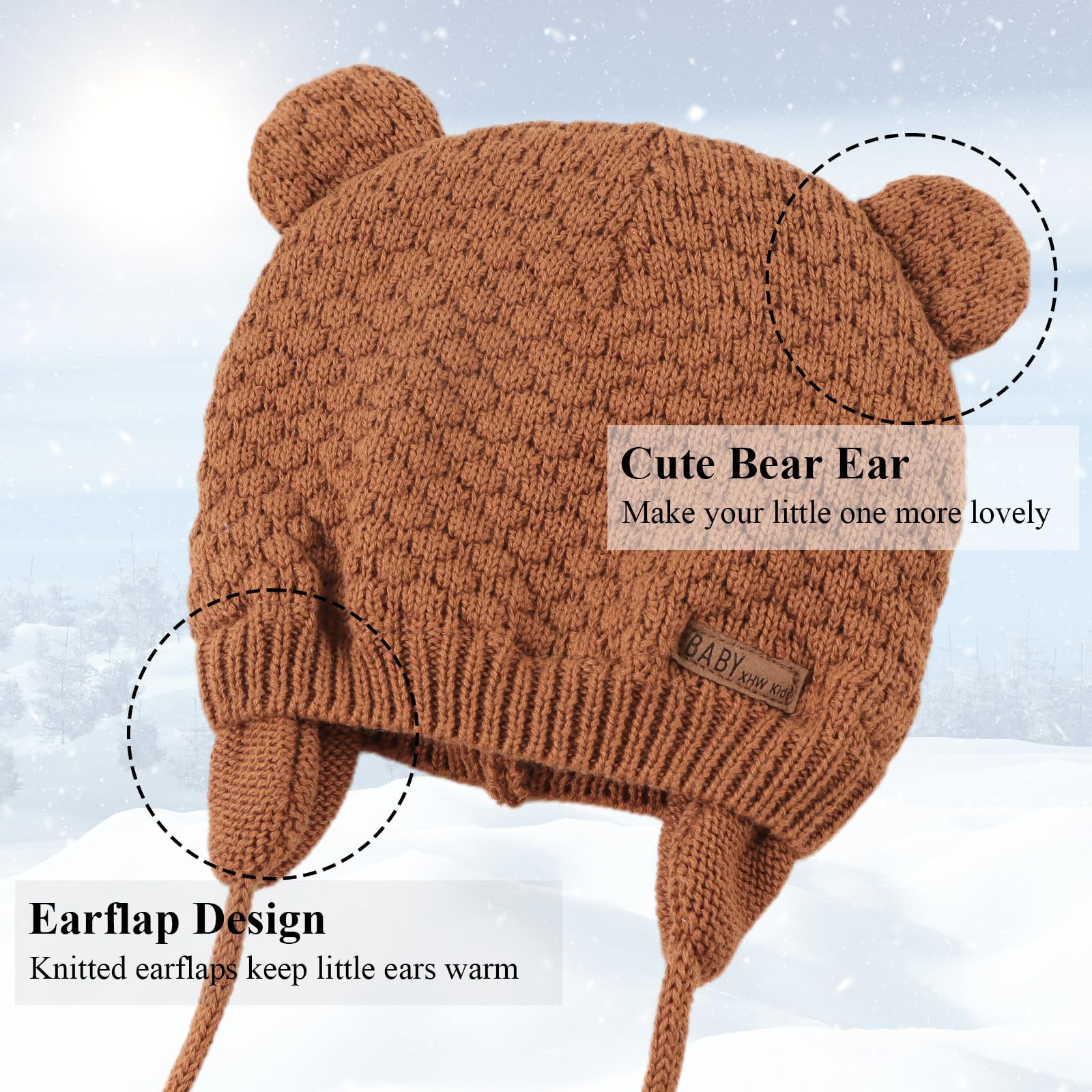 Bamery Baby Crochet Hat Infant Cute Bear Ear Beanie Toddler Boys Girls Earflap Hats for Fall Winter Warm Cap (Bear Brown,S)
