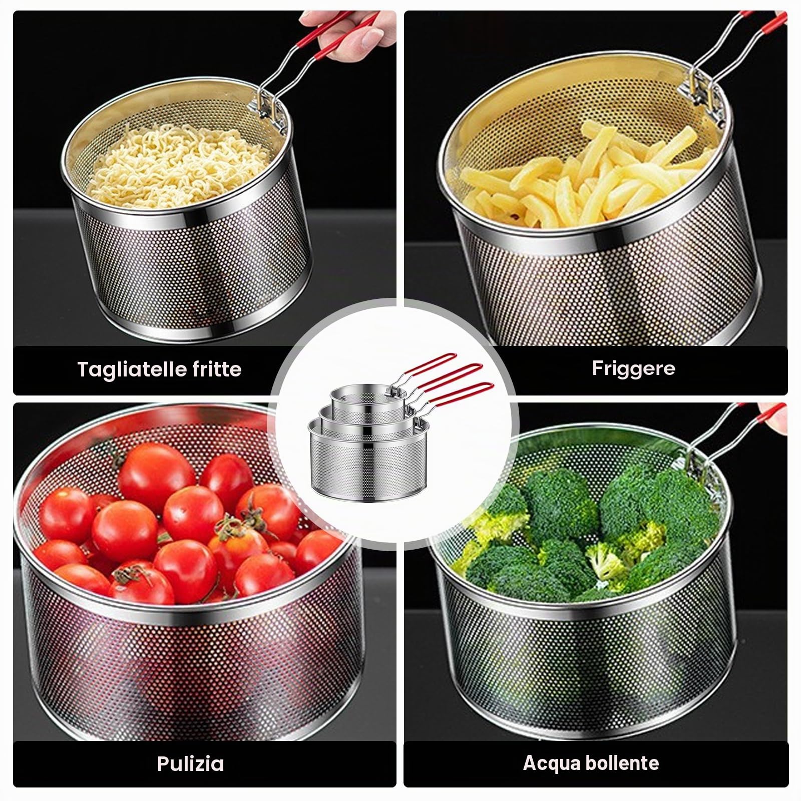 Cestino per patatine, 3 pezzi, in acciaio inox, per alimenti, per la pasta, con manico rimovibile, colino da cucina, colino da cucina per il lavaggio, sgocciolare, friggere, cottura a vapore