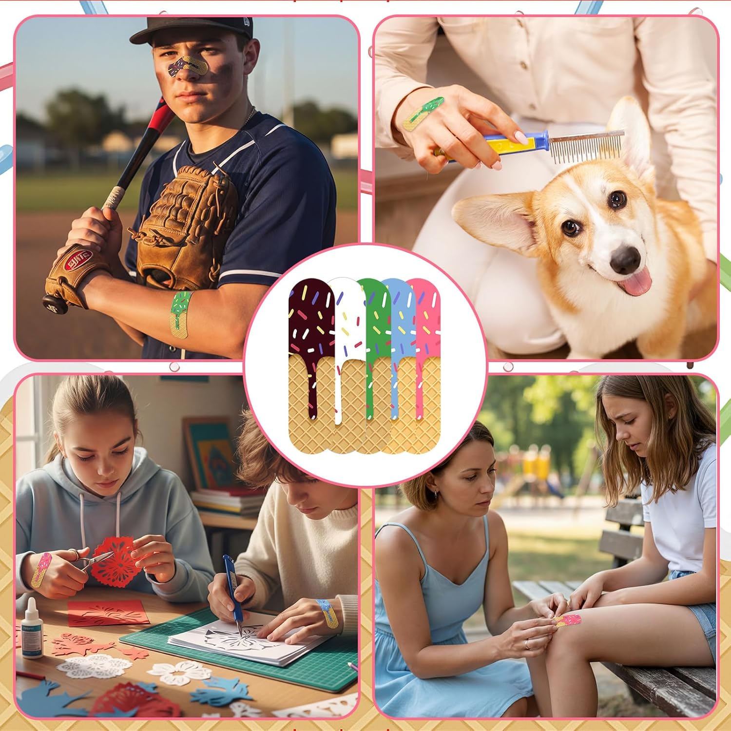 Threlaco 400 Pcs Ice Cream Drip Pattern Baseball Bandages Waterproof Breathable PE Adhesive Bandage for First Aid Minor Wound Care for Training Boys Girls Kids Baseball, Latex Free