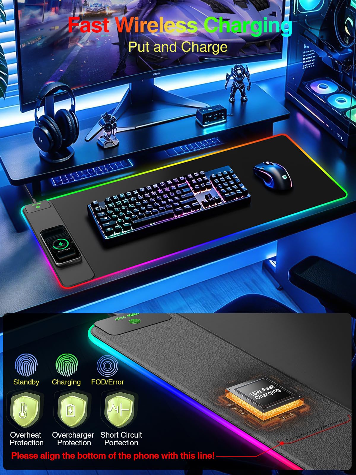 Tappetino per mouse con ricarica wireless, 80 x 40 cm, grande tappetino da scrivania per gaming, 24 effetti di luce, base antiscivolo, impermeabile, superficie liscia