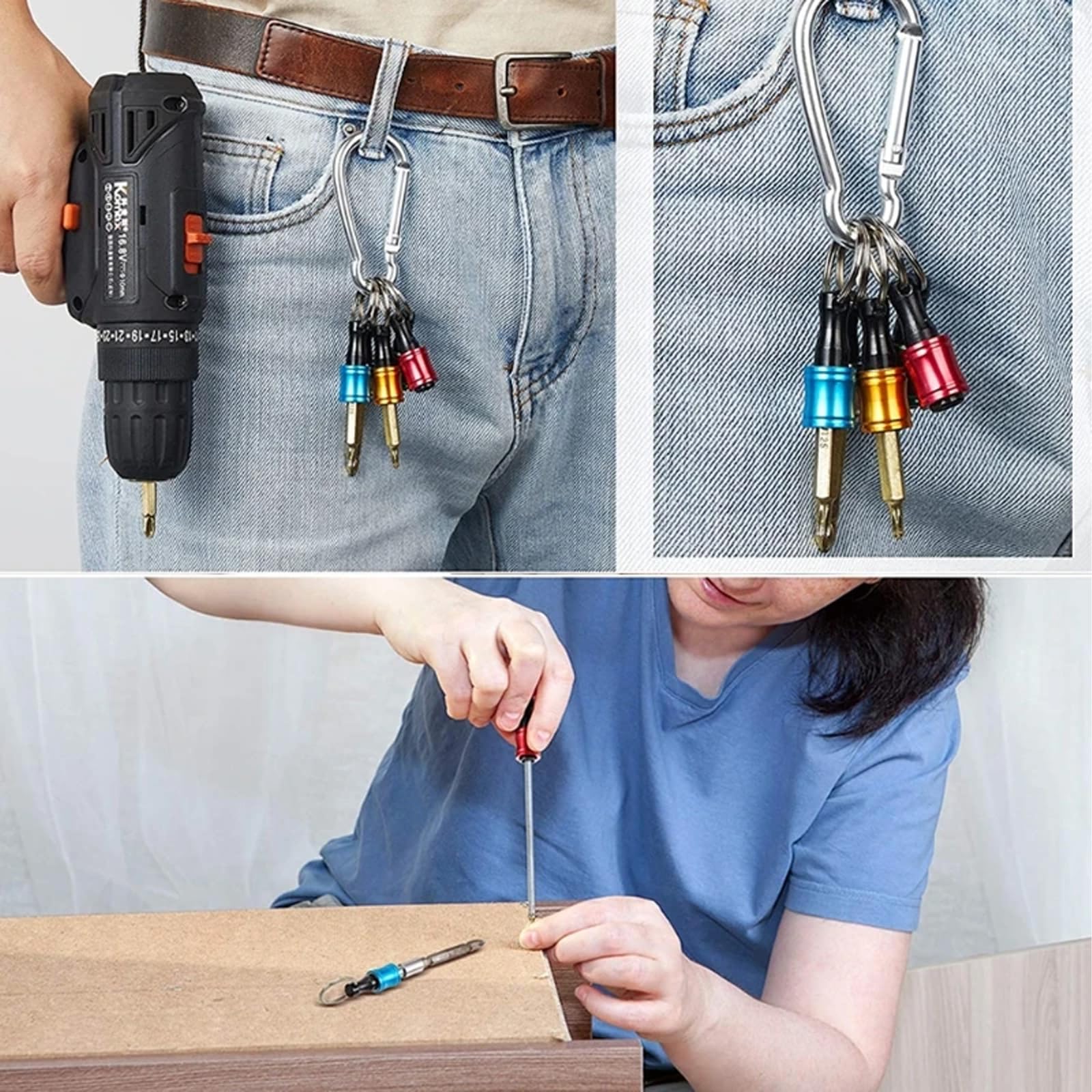 6Pcs Portachiavi Drill Bit, Porta Inserti 1/4 pollice Drill Bit Holder con Carabiner, Hex Shank Cacciavite Bit Holder, Supporti Per Avvitatori per Fai da Te, Elettricità, Lavorazione del Legno