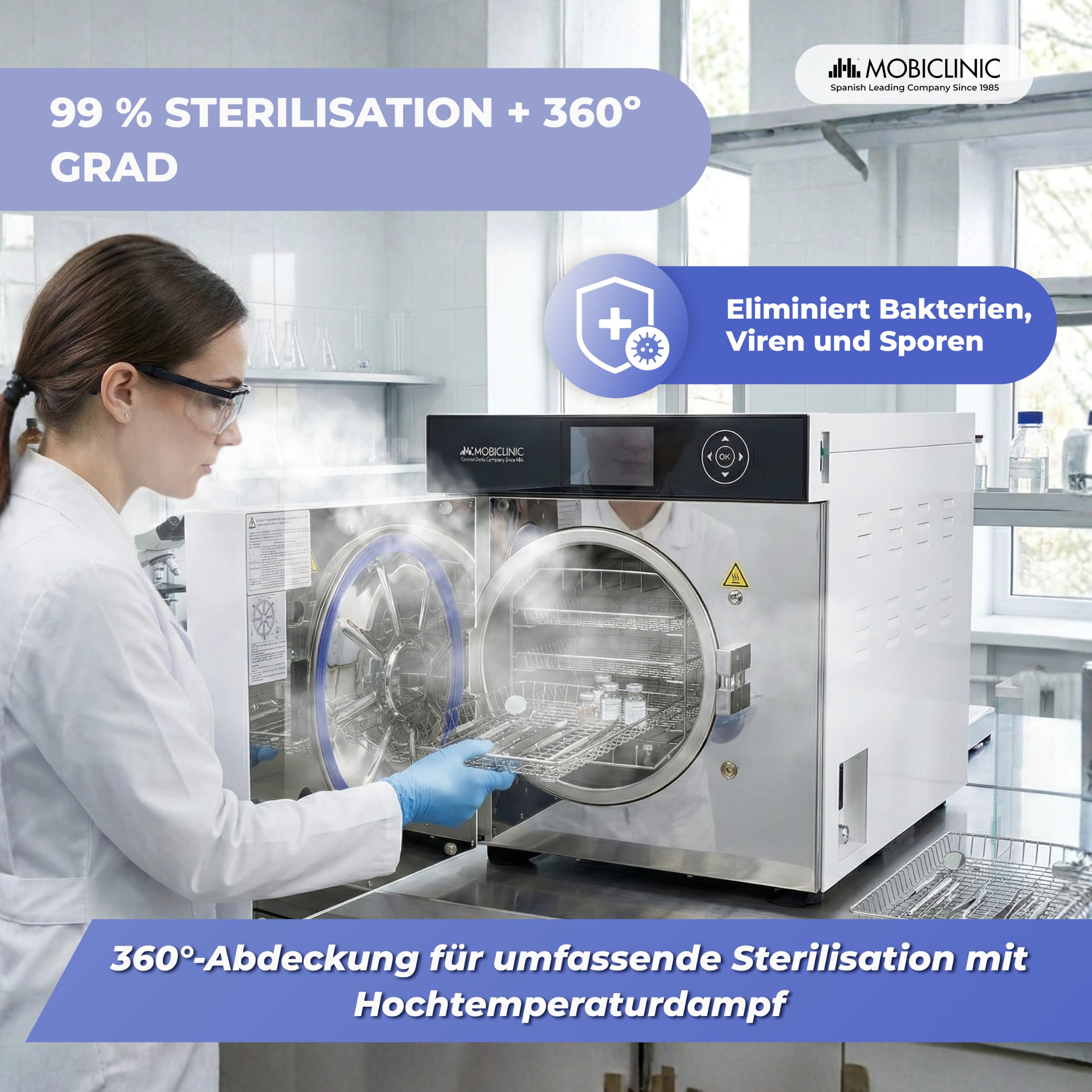 Mobiclinic®, Professioneller Autoklav, 17L Dampf-Autoklav-Sterilisator, 99% Desinfektionsmittel mit 360°-Abdeckung, 6 Zyklen + anpassbar, Drucker, USB, SD, Kliniken und Labore, MobiClave Plus