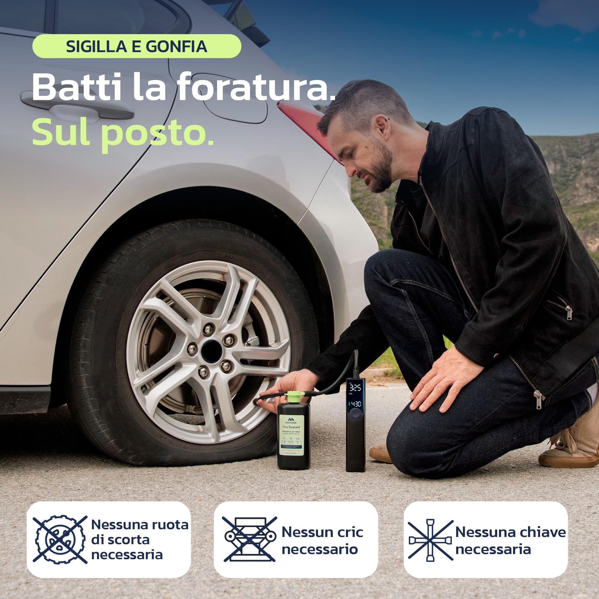Woowind Tire Sealant, Kit Riparazione Pneumatici Auto immediata (450 ml) - Sigilla istantaneamente forature Fino a 5mm per Auto/Camion, SUV, TPMS, Bottiglia Universale