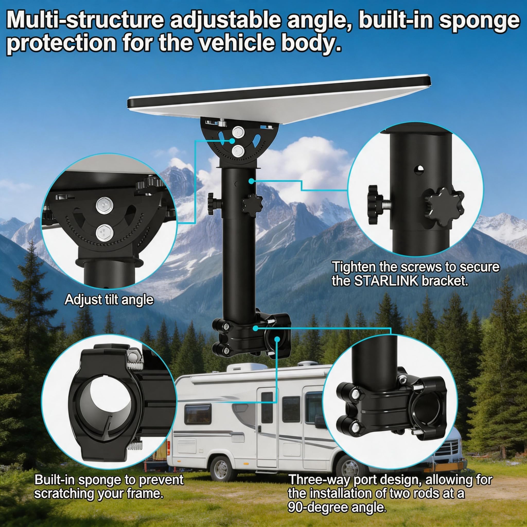 for Starlink Mini Stand, adatto per RV/tetto, supporto in alluminio con adattatore tubolare regolabile a 160°, staffa Star-link molto adatta per l'installazione su camper