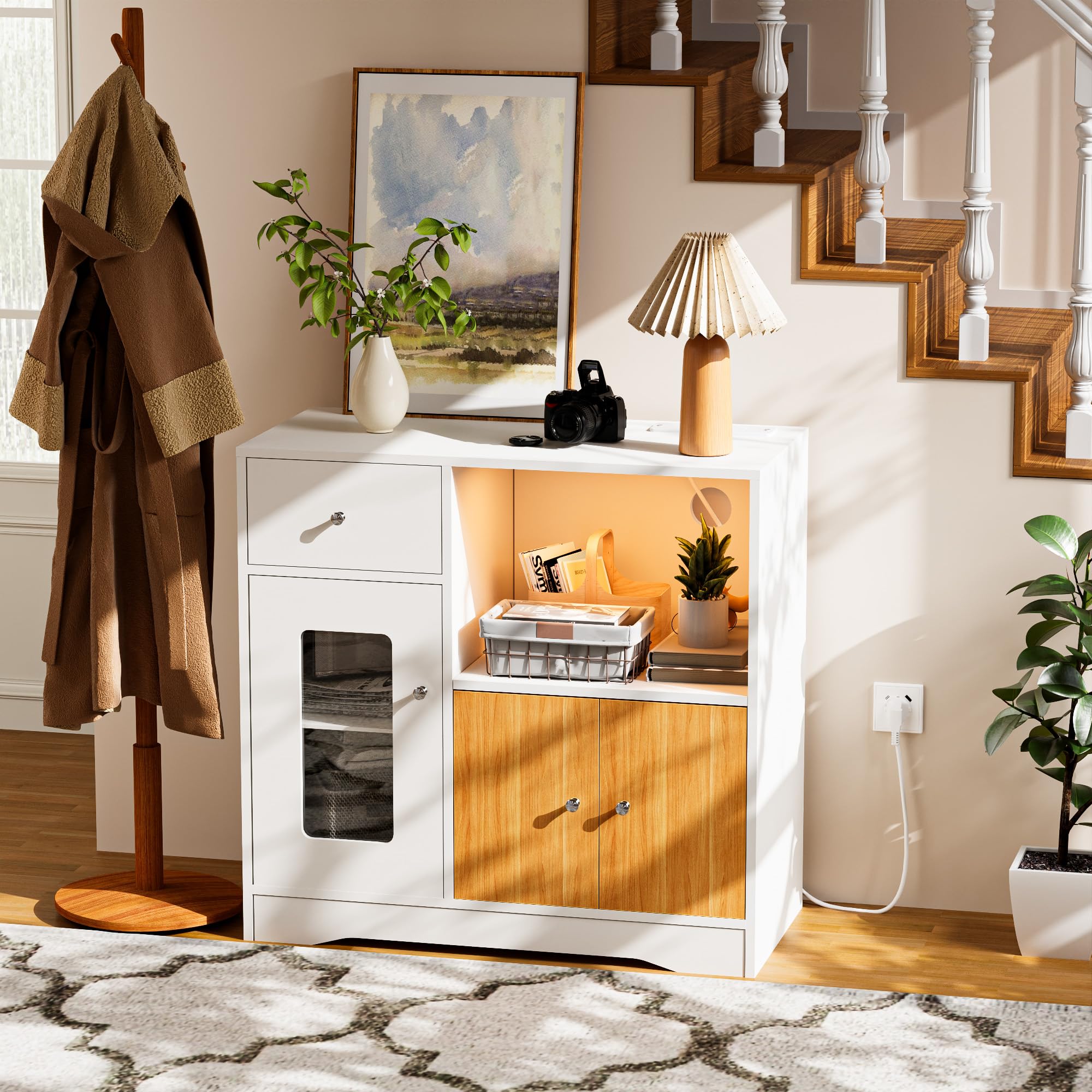 Küchenschrank mit mit RGB LED & 2AC/2USB, Buffetschrank mit Mikrowellenregal & Verstellbaren Ablagen, Sideboard mit Arbeitsplatte & Schubladen für Wohnzimmer Küche (83x40x80cm,Braun und Weiß）