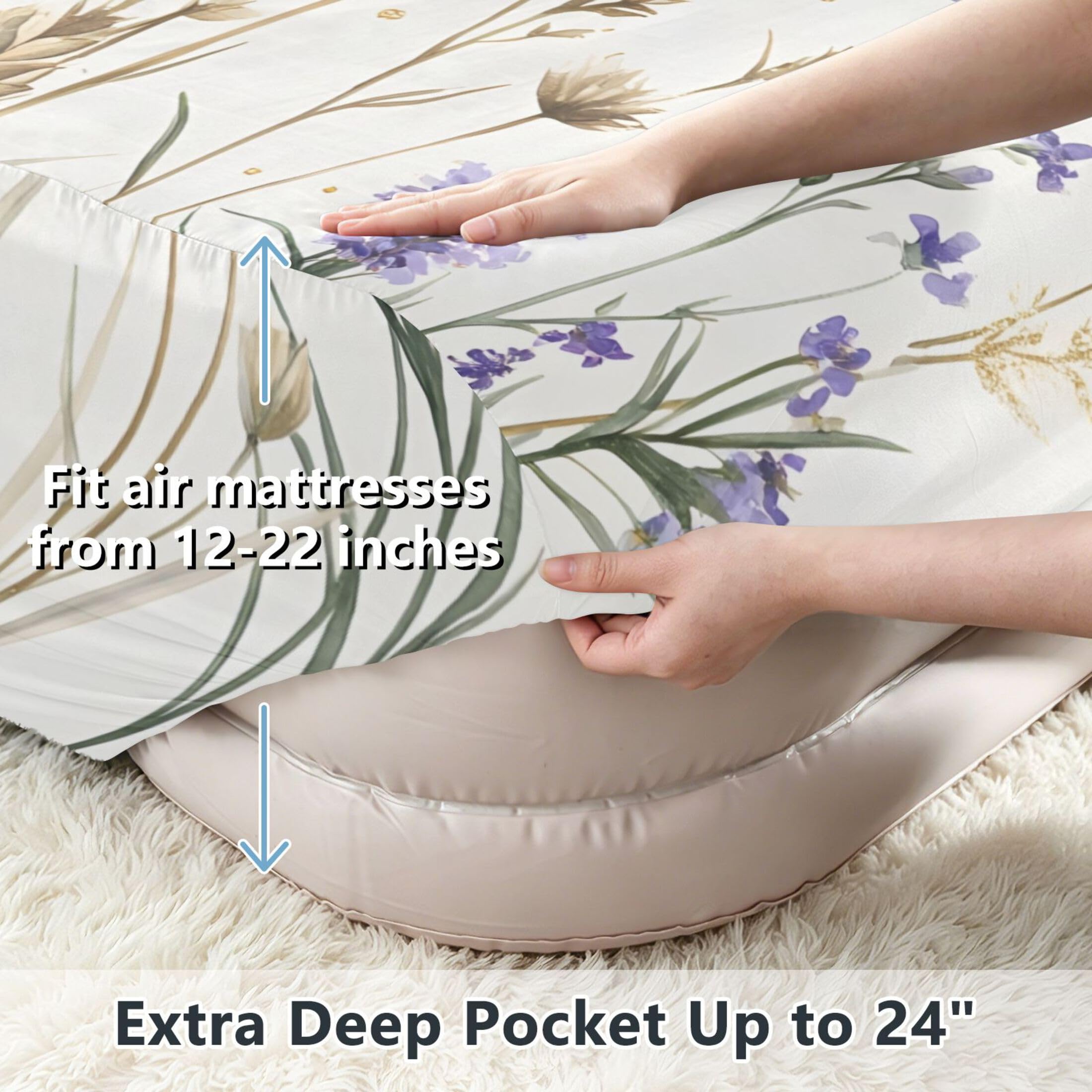 Wildflowers - Sábana bajera ajustable individual para colchón de aire, bolsillo extra profundo de 24 pulgadas, funda suave y transpirable con apertura de válvula de cremallera para cama de