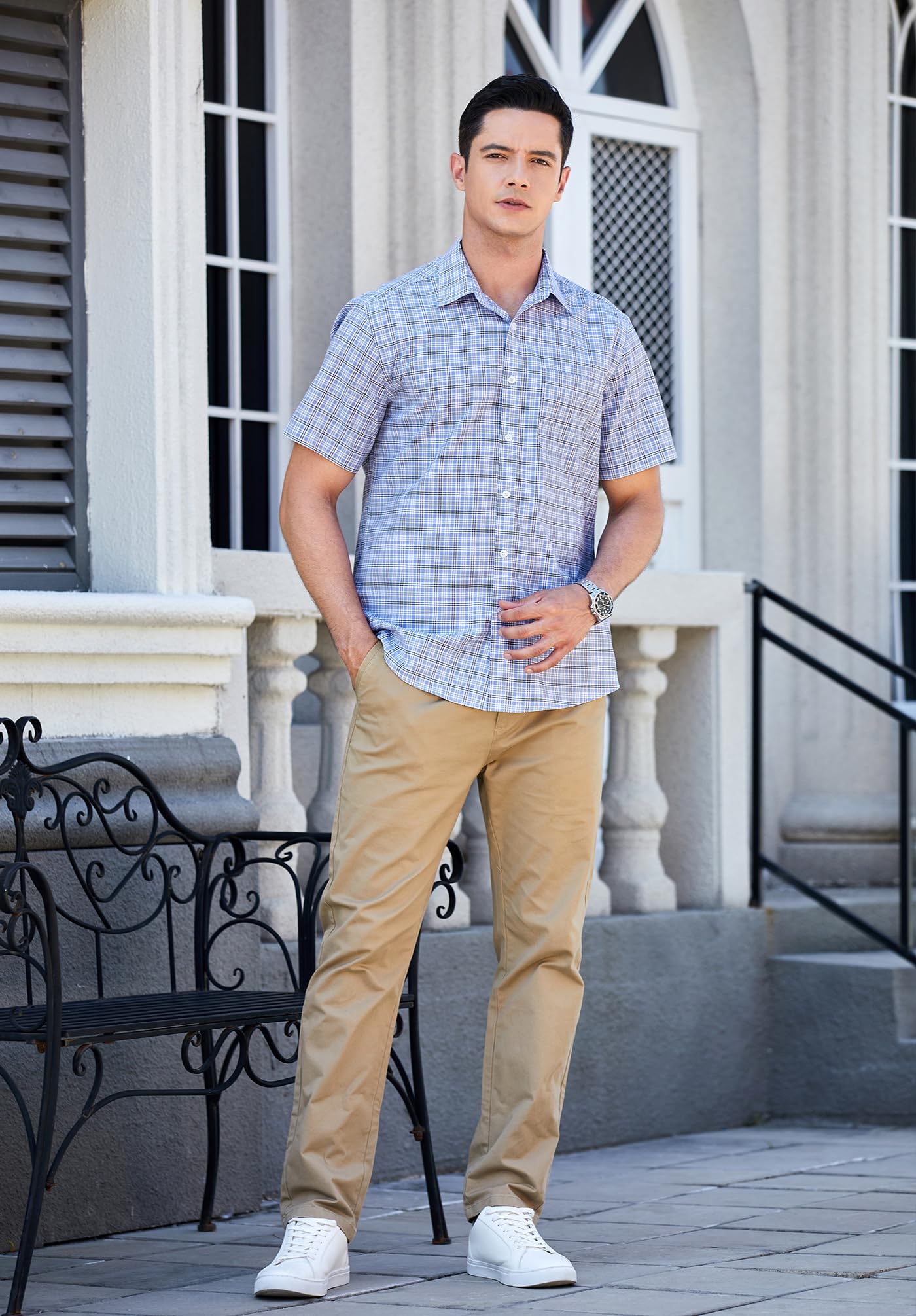 HISDERN Chemise Carreaux Homme Manches Courtes Boutonnées Décontractées Chemise été Travail Homme avec Poches Coupe Régulière