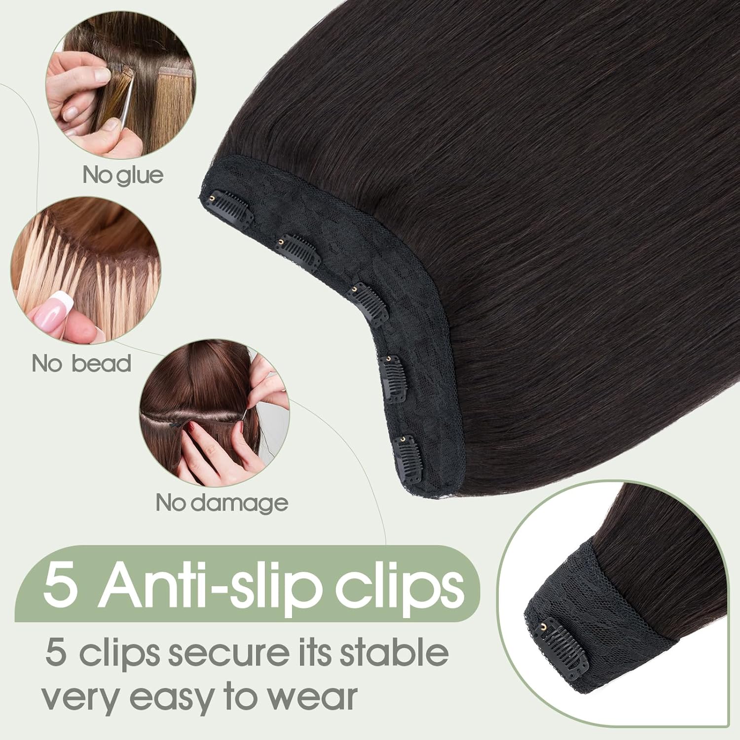 S-noilite Clip in Hair Extensions Human Hair 5 Clips 3/4 Full Head V Part Weft Thicker Hair Lace Net One Piece Hair Extensions Clip in Human Hair (22"-70g,#1B Natural Black)