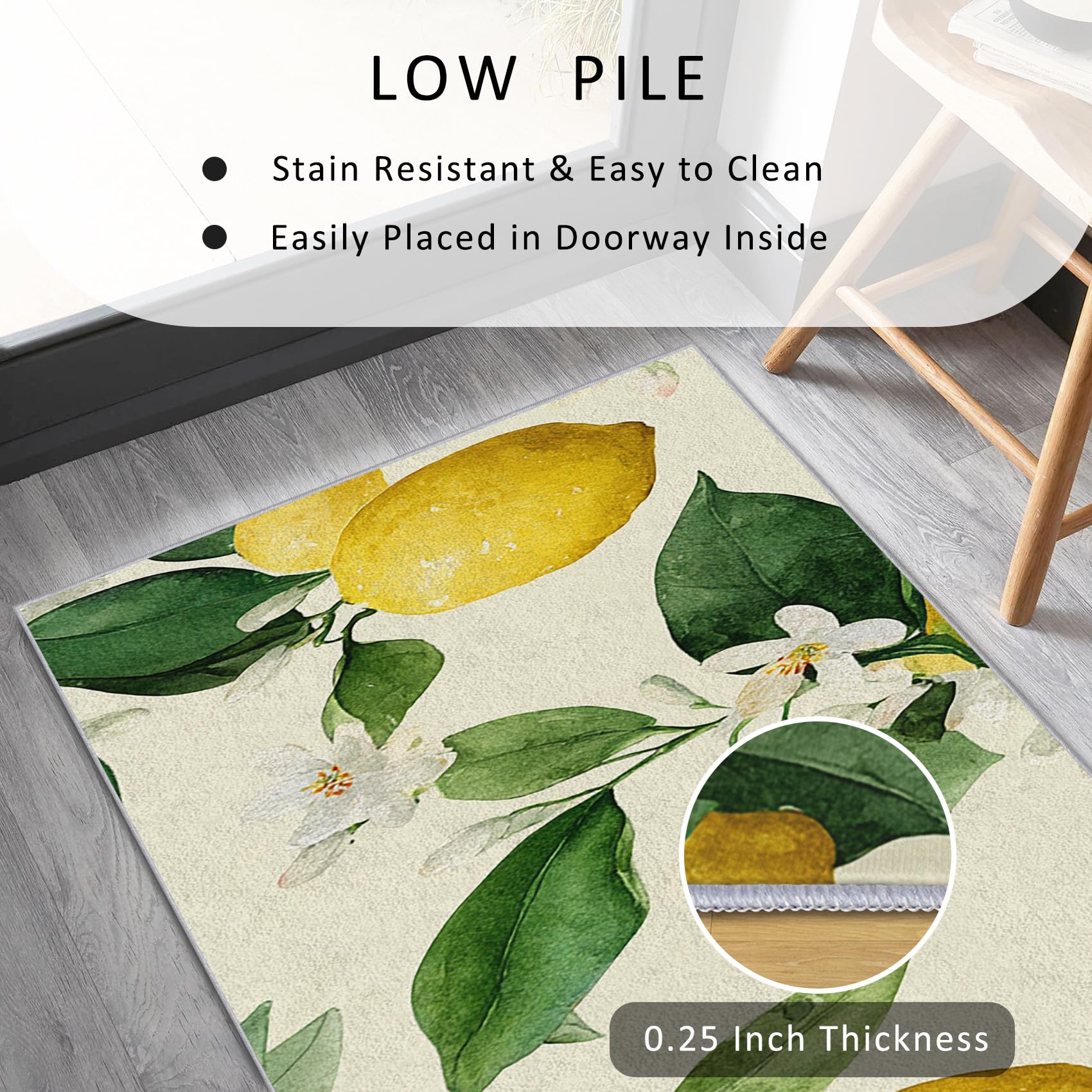 Generisch Läufer Flur Zitrone 60x180 Mit Frucht Blätter Blumen Grün Gelb Muster Extra Dünn Waschbar rutschfest, Zitrone Teppich Flurläufer Lang Für Eingangsbereich Schlafzimmer